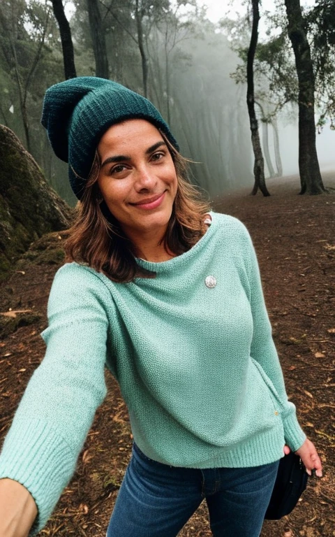 Fotografia, foto de mulher bonita, selfie, tronco, Sozinho, wearing pullover, ao ar livre, (noite), montanhas, natureza da vida real, estrelas, Lua, alegre, feliz, luvas, sweater, gorro, floresta, pedras, rio, Madeira, smoke, fog, olhando para o espectador, textura da pele, photo grain, fechar-se, Foto CRU