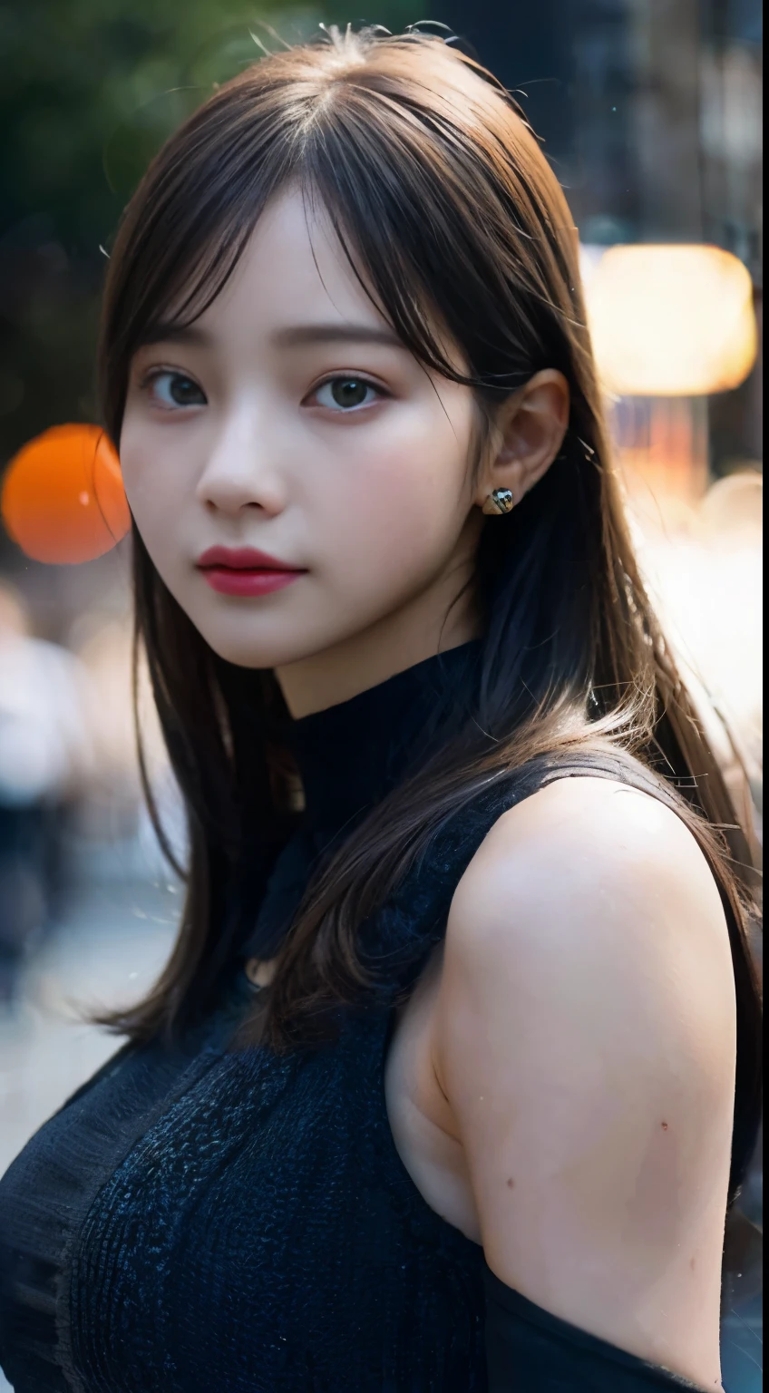 highest quality, realistic, 1 girl, woman,(skin dents), (dark), (professional lighting, Bokeh), (street), people々, crowd, , (gal fashion:1.5), (I wore:0.8), floating hair, (dynamic pose:0.6) , cold lighting, black skin、brown、big breasts