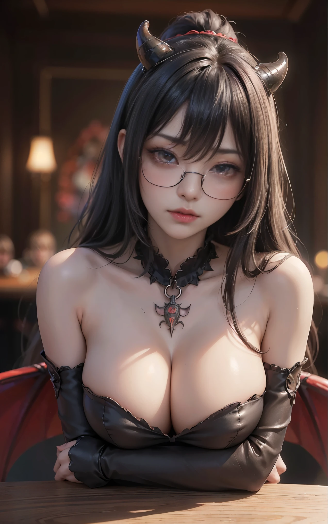 got itですかですか、(best illustrations)、8k UHD resolution、intricate details、highest quality、realistic、Super detailed、best lighting、best shadow、soft lighting、ultra hd、超realistic、Tyndall effect、Photoreal、(high detail skin:1.2)、 (intricate details, compensate, face to face with the children_v1:0.5), (got it, beautiful and delicate face, got itですか, beautiful and delicate eyes, perfectly proportioned face, high resolution skins, fine skin, Optimal ratio of 4 fingers and 1 thumb, arm under chest, red tattoo on lower abdomen、Wow wow, wide hips, smooth abdomen, thin and thin skin, __fashion__, __hair__:1.25)、Digital single-lens reflex camera、 absurd、(table top: 1.3), (maximum resolution: 1.2), (ultra hdTV: 1.2), cinematic light, fine eyes and skin, detailed facial features, , (sharp focus: 1.2), (focus on the face:1.2),perfect style, beautiful face, acura, anatomically correct, Highly detailed face and skin texture, fine eyes, double eyelid, thin eyebrows, glitter eyeliner: 1 natural cheeks, Glossy skin, Fair skin: 1.2, (glossy lips: 1.4),(embarrassed look: 1.2),Highly detailed face and skin texture, fine eyes, double eyelid, natural cheeks, glossy lips: 1.4,exposed cleavage、Bewitching。charm、 Beautiful devil woman from hell, デヴィッド・ホックニーとアルフォンス・ミュシャによる超realistic女性の肖像画, charm女性の肖像画、fantasy art, Chinese humanoid robot、chinese actress、dungeon、dragon、devil'palace of、devil'torture chamber、night、dark style 、in the dark、(detailed spooky background:0.8), magic、 1 girl、evil nun、dark necromancer、Succubus、devil'Daughter of、Shinonome Umi、bat wings,(((devil'Horn)))、 ((((giant glasses, otaku glasses, thick glasses, round glasses)))),(((big breasts)))、(devil'tail)、(red eyesは光り輝いて:1.6)、red eyesは非常に鮮明で詳細です, your eyes are so beautifully made, ((red eyes:1.0)),intricate tattoo, demonic intricate tattoo, thigh tattoo, body tattoo, masterpiece、最もbeautiful face、baby face、cute smile、beautiful plump red lips、筋肉のcharm体、devilのcharm体、devil style、charmブラックマジックコスチューム、The long-haired、Braid、Black hair、Ponytail distortion、, Ponytail with a bow tied at the back of the hair, beautiful expression、body up、big breasts強調、bust, super tight chest, Breast augmentation surgery, Breasts are very big and round,tight waist、wide ass、 secret key, cowboy lens, (black phoenix dress: 1.0), devil crown, red gemstone necklace、Jewelry G Wise, Please wear black mesh socks,wearing light red、nffsw, nffsw, Meeting beautiful girls, look at the girl'Main body,