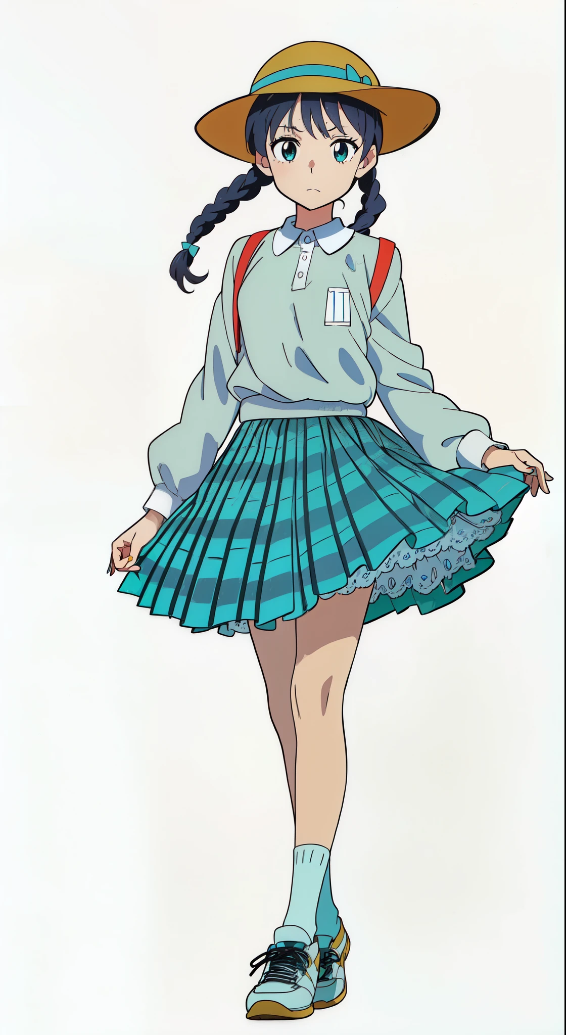 (detailed white petticoat:1.0), (white background:1.0), (best quality:1.0), (masterpiece:1.0), (super fine illustration:1.0), (beautiful artwork:1.0), (anime screencap:1.0), (official art:1.0), (full body:1.0), (solo:1.0), (ESGA:1.0), (a 12yo cute girl:1.5), (yellow hat:1.25), (red backpack:1.0), (long skirt:1.0), (green tartan skirt:1.0), (pleated skirt:1.0), (aqua blue polo shirt:1.0), (long sleeve polo shirt:1.0), (sneakers:1.0), (white socks:1.25), (ideal ratio body proportions:1.25), (lanky:1.25), (tall:1.25), (slender:1.25), (small breasts:1.25), (smaller face:1.25), (tareme:1.5), (detailed beautiful eyes:1.5), (detailed beautiful face:1.5), (glowing black eyes:1.1), (short hair:1.0), (twin braids:1.5), (black hair:1.0), (looking at viewer:1.5)