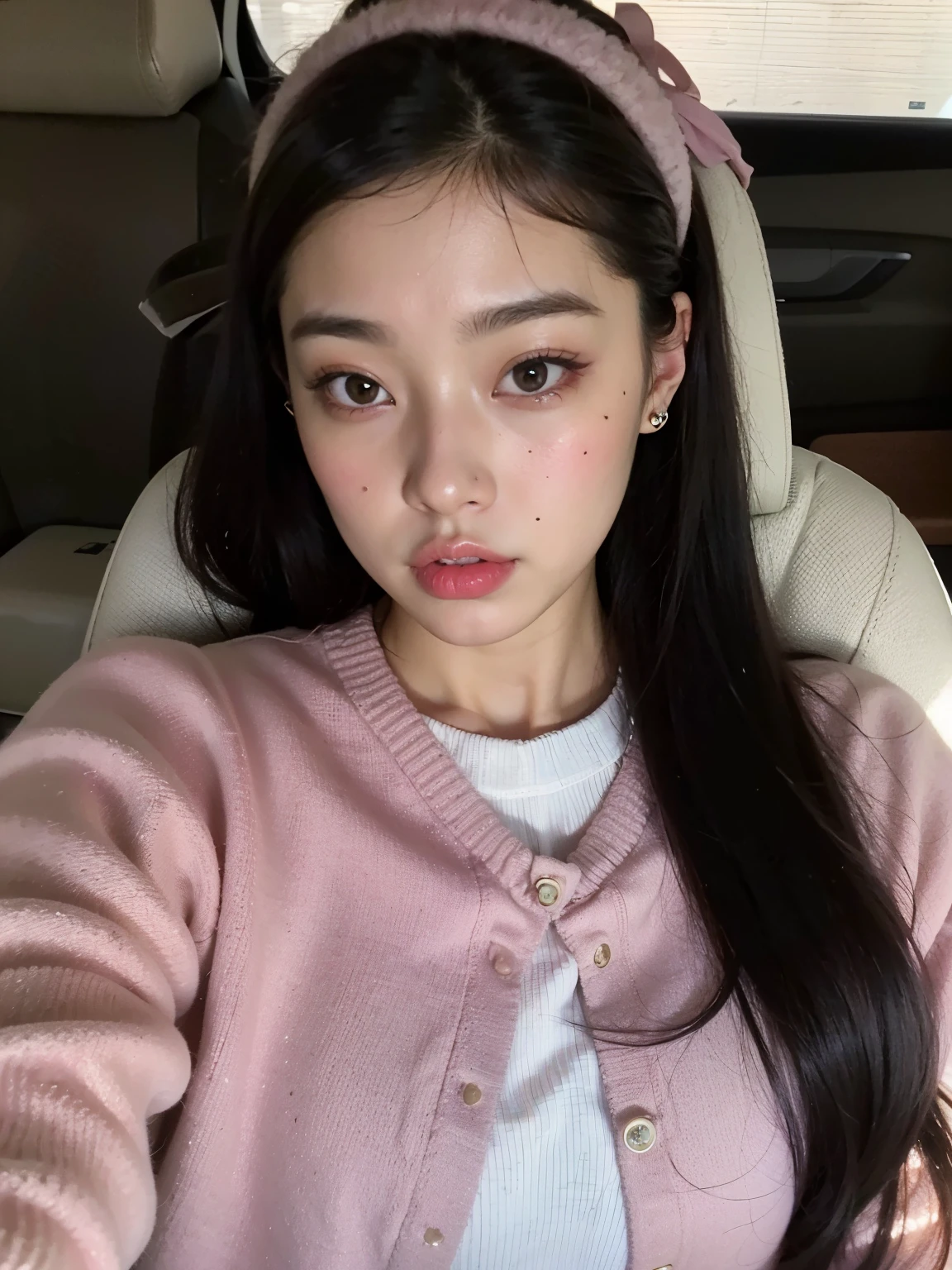 arafed asian woman wearing a pink sweater and headband sitting in a car, Jennie rosa negra, aparcar desde-min, lee ji - eun, lee ji-eun, jaeyeon nam, heonhwa choe, kim doyoung, parque roseanne de blackpink, jossi de blackpink, ulzzang, kim taejin, sha xi, jinyoung shin, wenfei ye, jennie blackpink