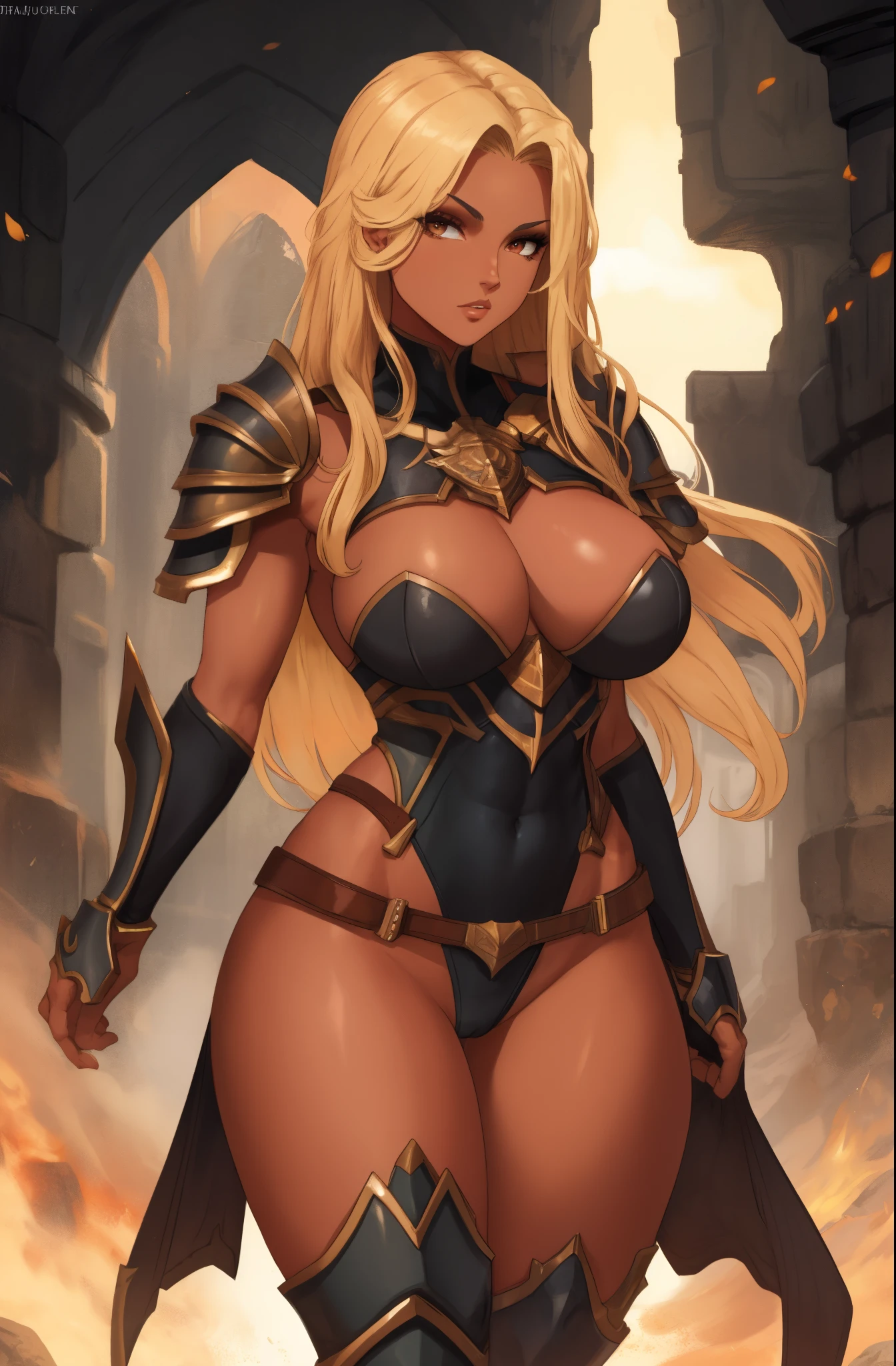 bronze skin, tanned, gorgeous woman, full body shot, muscular, blank background, black background, blonde, armour