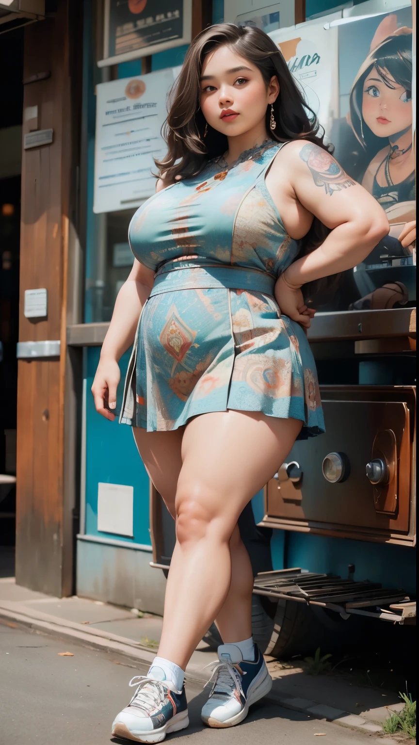 ((best quality)), ((masterpiece)), (detailed), perfect face, ((best quality)), ((masterpiece)), (detailed), perfect face, wanita chubby dewasa, wearing thight dress and thight skirt, chubby cheeks, chubby arm, chubby thighs, big breasts, wearing a sneakers, medium hair style, full body photoshoot, tattooed body , walk pose in a dark room , tattooed all over hands, slightly fat arms , fat thighs 
