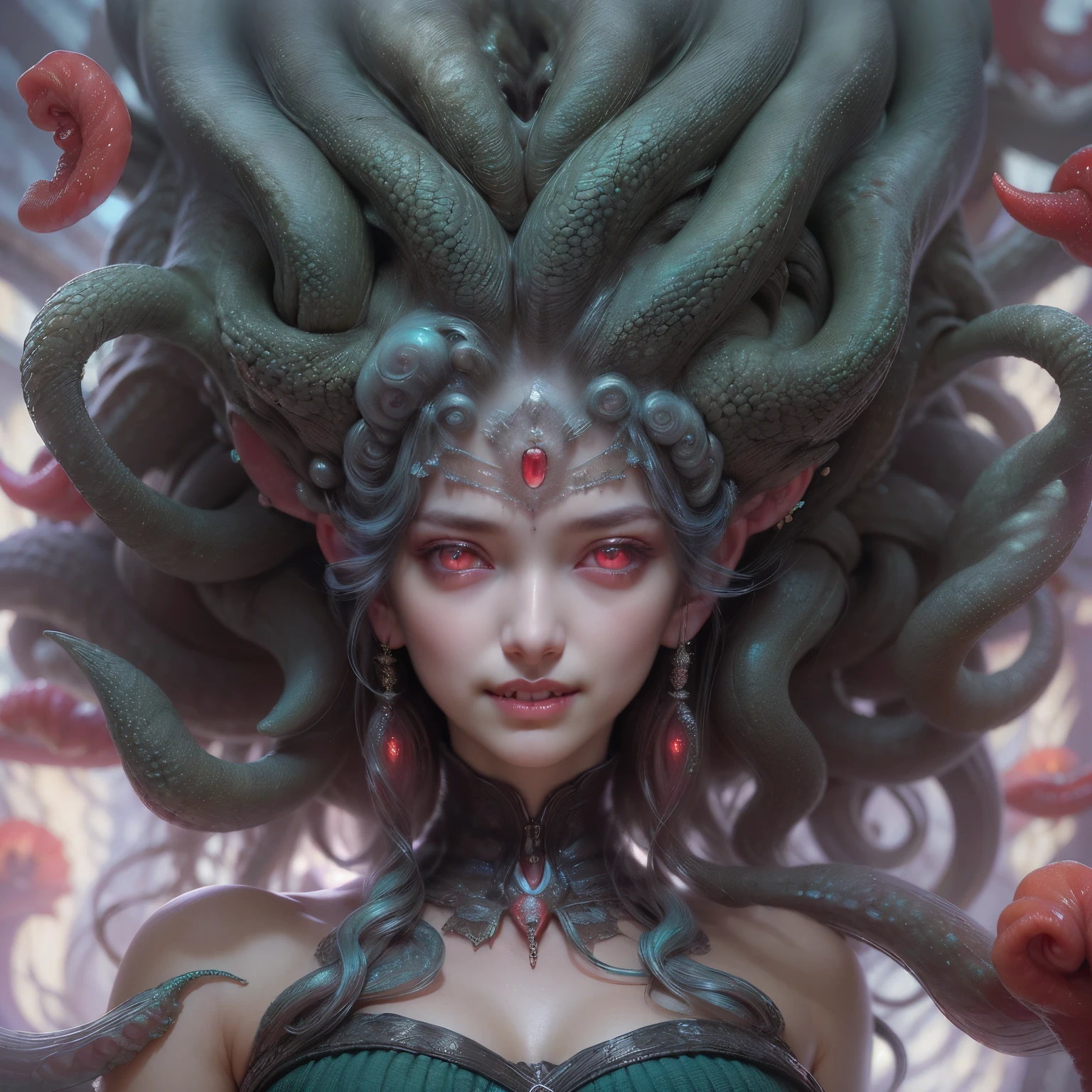 (Portrait of a beautiful yet frightening medusa:1.4), ((There is a female genital-like organ in the middle of the forehead.:1.8)), (realistic face:1.2), Super realistic clear skin, (Number of award-winning masterpieces々, incredibly detailed, Texture and maximum detail), midnight aura, unreal engine 5, super sharp focus, midnight aura, unreal engine 5, super sharp focus, (art by Amano Yoshitaka:1.5), art germ, Reusch, intricate artwork, ultra realistic realism, High resolution, High freshness, draw faithfully, official art, Unity 8K 壁紙, Super detailed artistic photography, dream-like, fantasy creation, dream snail, (biopunk nautilus:1.3),thrilling color scheme, amazing mutation, well-proportioned body, goddess of the deep sea, fractal, Geometric pattern, impossible number of transparent white tentacles with luminescent organs:1.4), Subtle emerald green accents, (smiling seductively:1.3),(she has the most beautiful face in the history of the universe:1.5), (She looks down at the viewer with glowing red eyes without pupils:1.3), an evil gaze that seduces, cinematic lighting, (no makeup:1.3), (From the gap between her cute lips, long canine teeth peek out like a vampire:1.5), in the palace hall, A sweet sigh leaks from your beautiful lips, ecstatic expression, She has countless hair-like translucent tentacles on her head.。