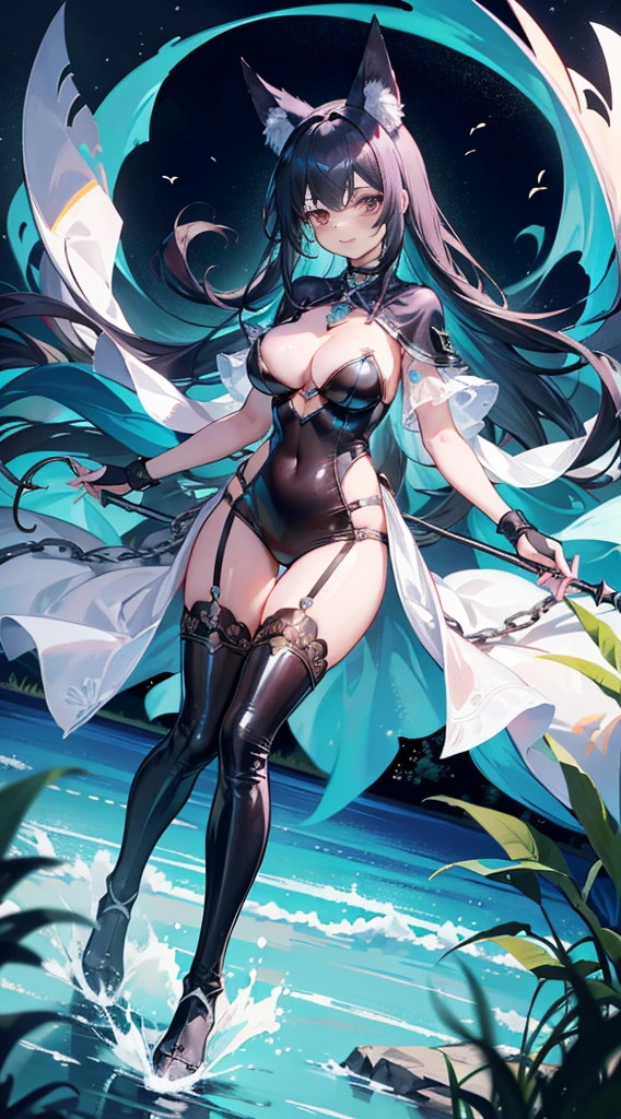 high quality, masterpiece, Super detailed, 1 girl, Extremely detailed faces,A steel plate on the chest,Latex full body set,Blue by Capelet,Long knives in both hands,BDSM,handcuffs,collar,calm expression,Smile,handcuffs,collar,long black hair, charming pink eyes, fox ears, Ridiculously big, shiny skin, 坐在grassland上,Bright wilderness,grassland,waterside