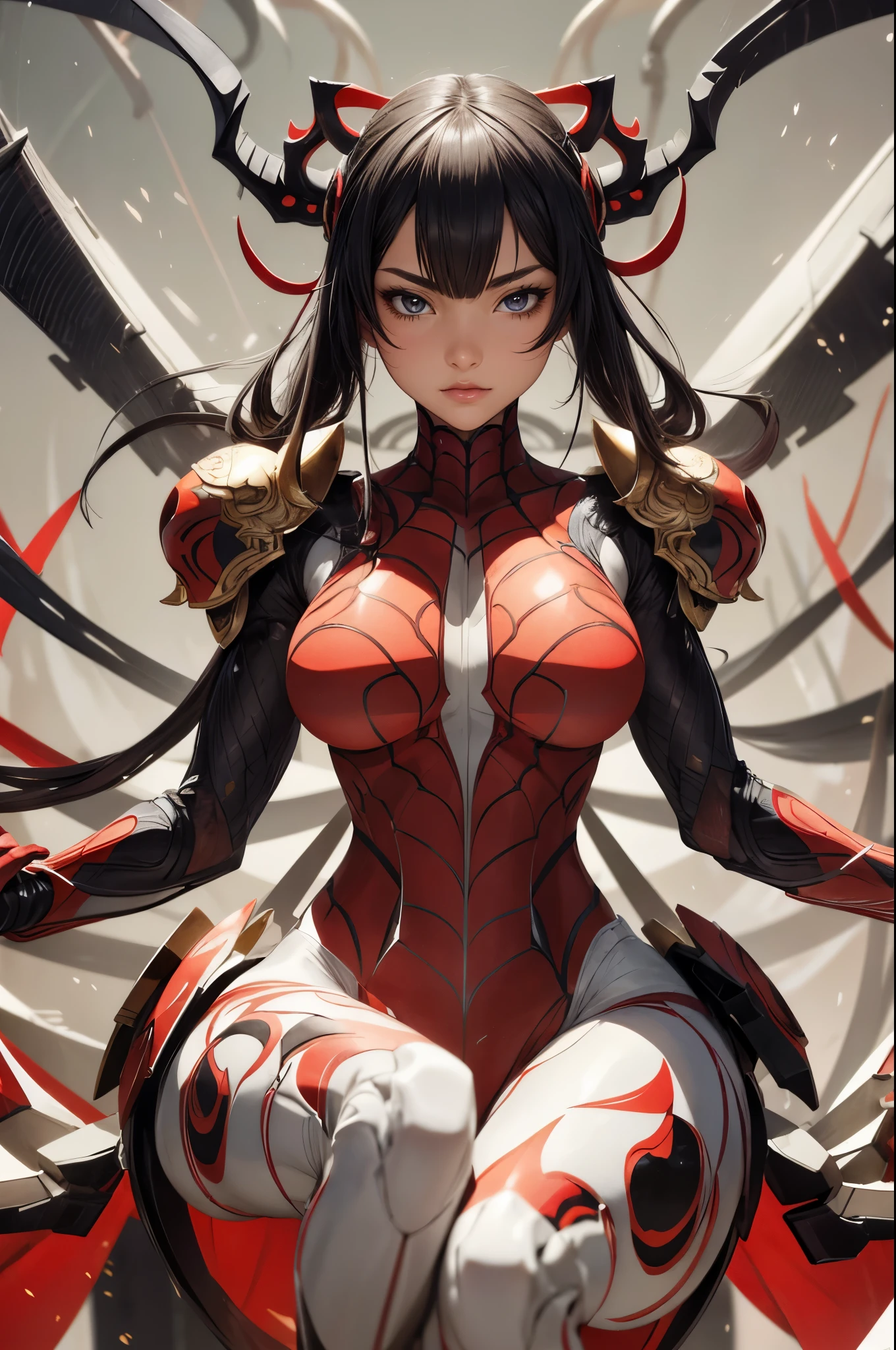 (masterpiece, best quality, photorealistic, ultra-detailed), character design, unique design and approach, spider clan, 6 arms, and 2 legs, beautiful fighter, perfect body, wide hips, combat armor, oriental themed, dynamic action pose, clean lines, perfect illustration, anime realism, photorealistic
