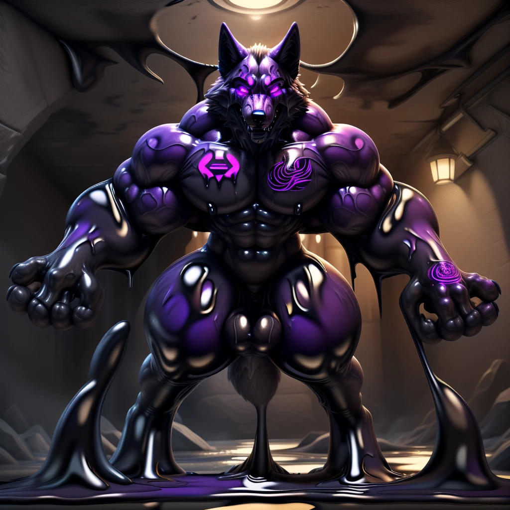 Front view, SFW, a muscular wolf, Standing straight, grinning, ((glowing purple eyes)), (((purple latex skin))), (((more glowing purple tattoo))), (((goo dripping))), all over the body, thick thigh, in a ((goo lake)), (big arms: 1.3), (massive feet:1.3) , (big thighs:1.3), multiple arms, The high-quality, 4k resolution, The artwork is a masterpiece.