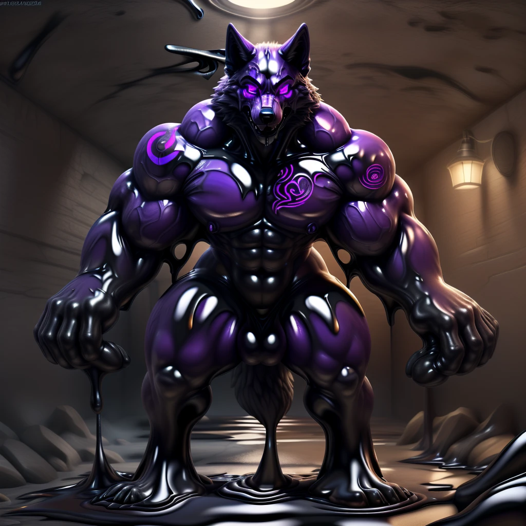 Front view, SFW, a muscular wolf, Standing straight, grinning, ((glowing purple eyes)), (((purple latex skin))), (((more glowing purple tattoo))), (((goo dripping))), all over the body, thick thigh, in a ((goo lake)), (big arms: 1.3), (massive feet:1.3) , (big thighs:1.3), multiple arms, The high-quality, 4k resolution, The artwork is a masterpiece.