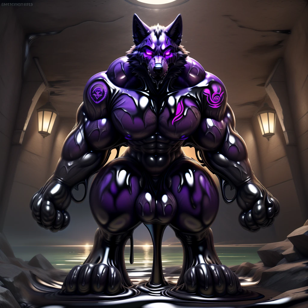 Front view, SFW, a muscular wolf, Standing straight, grinning, ((glowing purple eyes)), (((purple latex skin))), (((more glowing purple tattoo))), (((goo dripping))), all over the body, thick thigh, in a ((goo lake)), (big arms: 1.3), (massive feet:1.3) , (big thighs:1.3), multiple arms, The high-quality, 4k resolution, The artwork is a masterpiece.