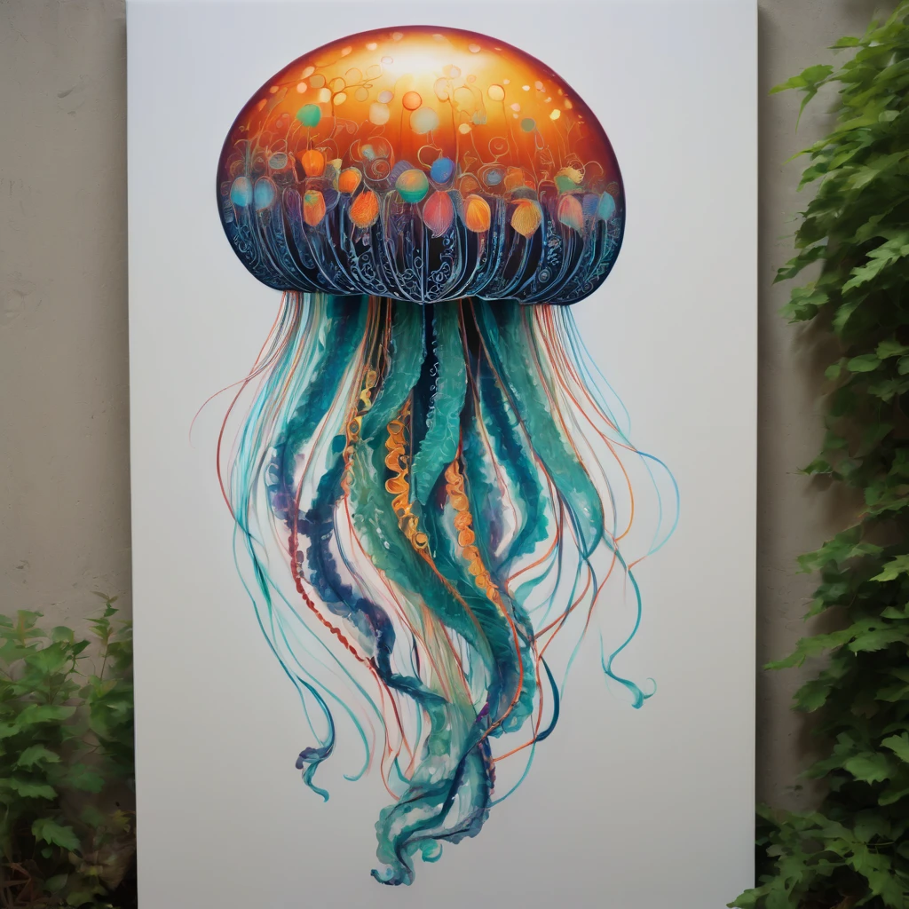 (masterpiece, best quality), magical Jellyfish, zentangle, Graffiti on street wall, signed by word "TUPU",