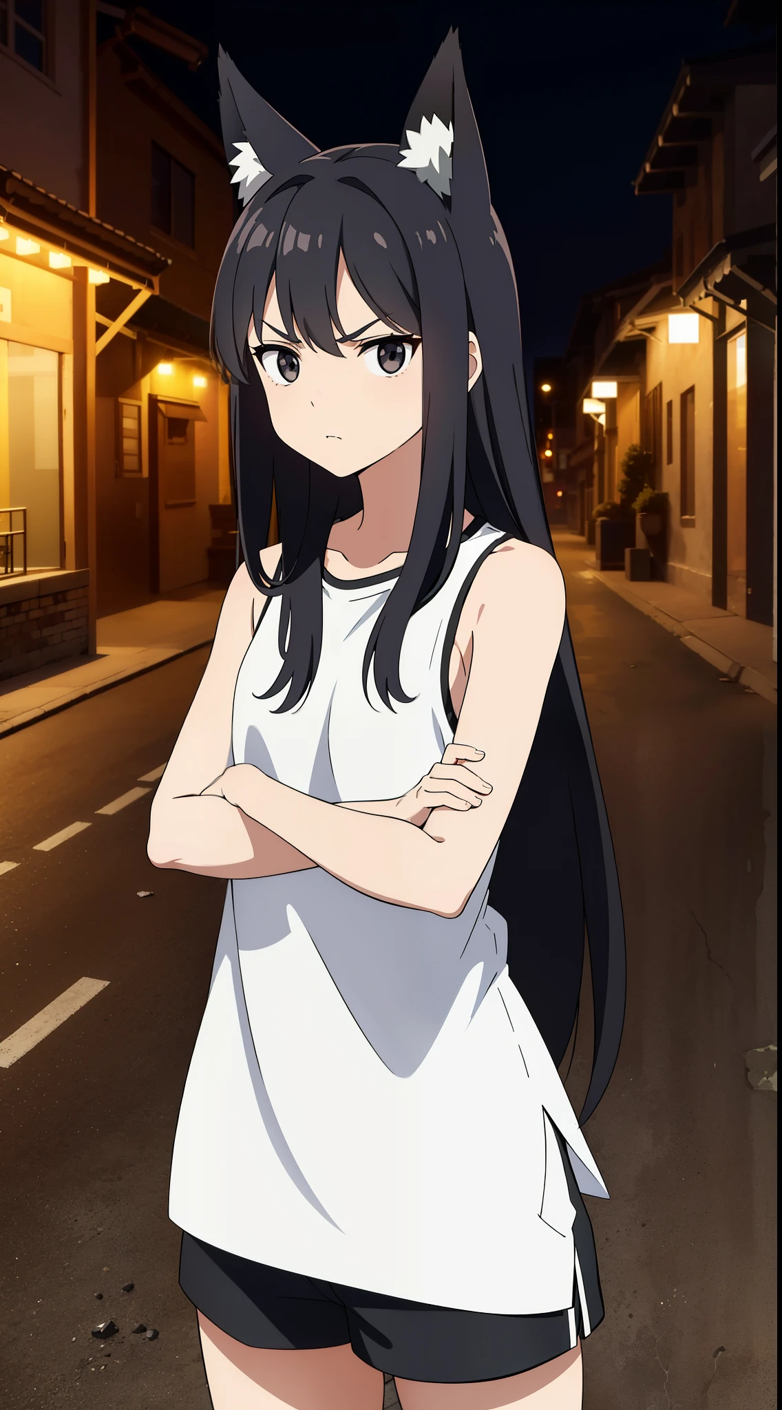 (1girl,************,small),long hair,black hair,white shirt,black shorts,sleeveless,(standing in street of a village,night),angry,black eyes,fox ears,cowboy shot,crossed arms