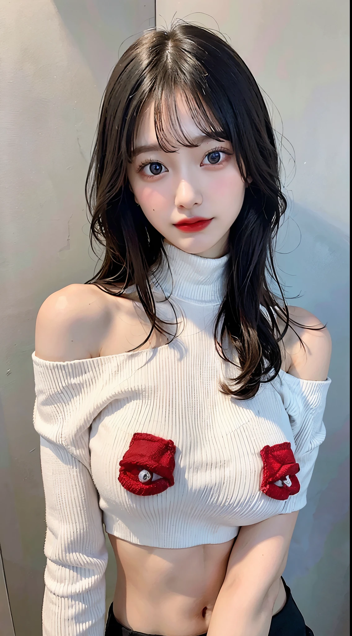 girl, bangs, bare shoulders, Black pants, chest, chest squeezed together, gray background, hair between eyes, Hugechest, long hair, show viewer, pants, parted lips, red eyes, shirt, simple background, No sleeve, No sleeve shirt, alone, turtleneck, V arm, gray hair,(shiny skin),(masterpiece:1.4),(highest quality:1.4),,fey girl,red lips,perfect abs, belly button, (nipple: 1.5), (transparent areola), nipple, Huge, Sweat,