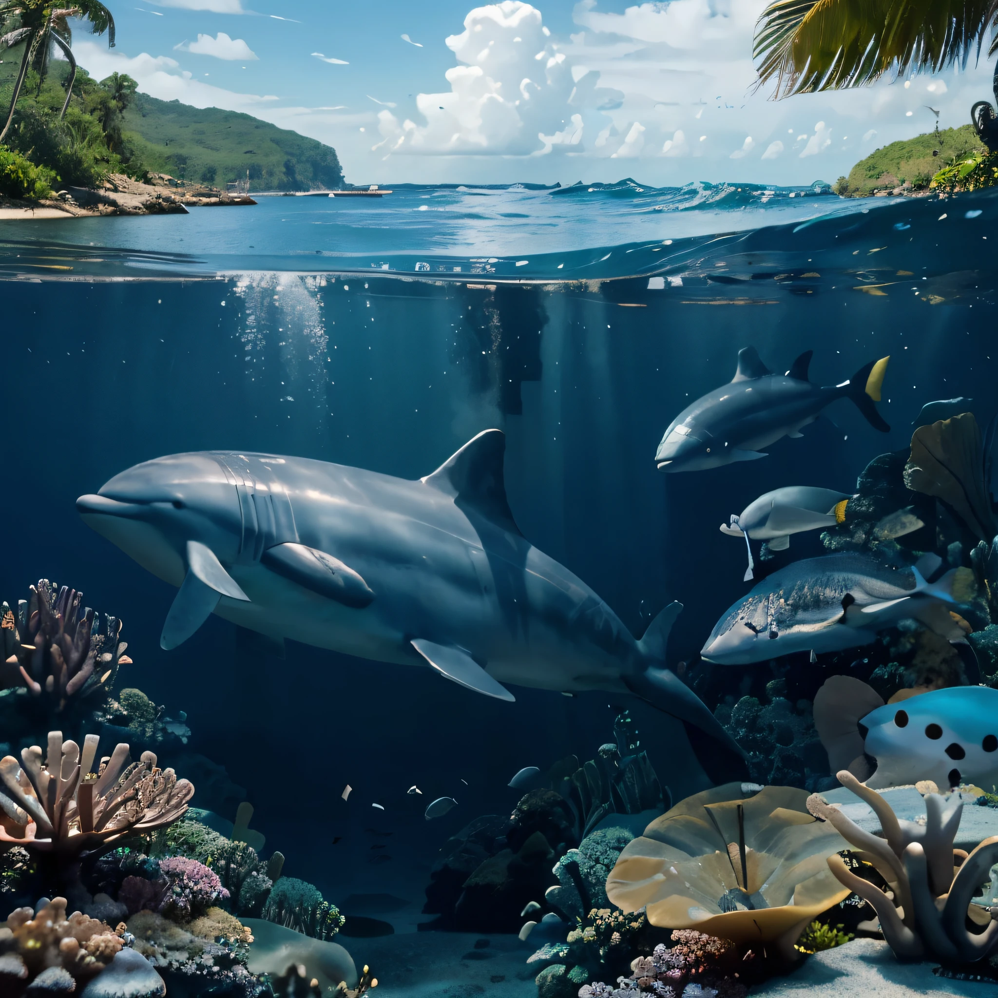 A small submarine in a beautiful tropical sea landscape with colorful fish, dolphins and many others