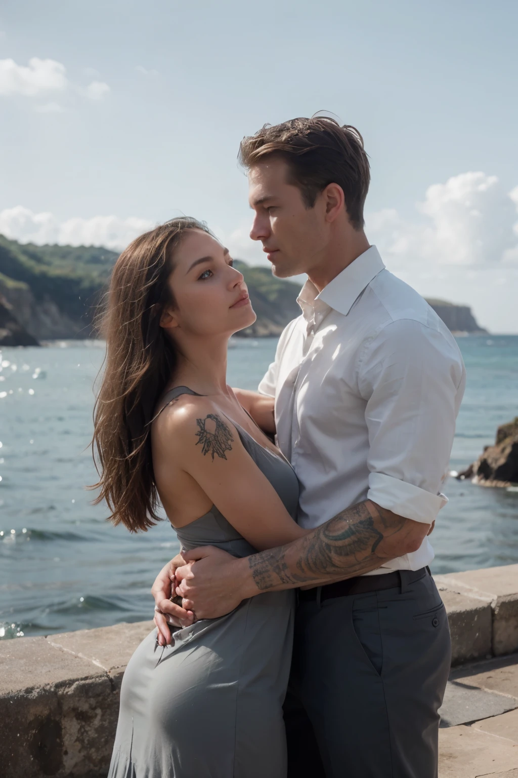 Image of a woman with dark blond hair and light gray eyes and well dressed, accompanied by a tall, muscular and tattooed man, with brown hair and dark green eyes, well dressed, with an ocean image background