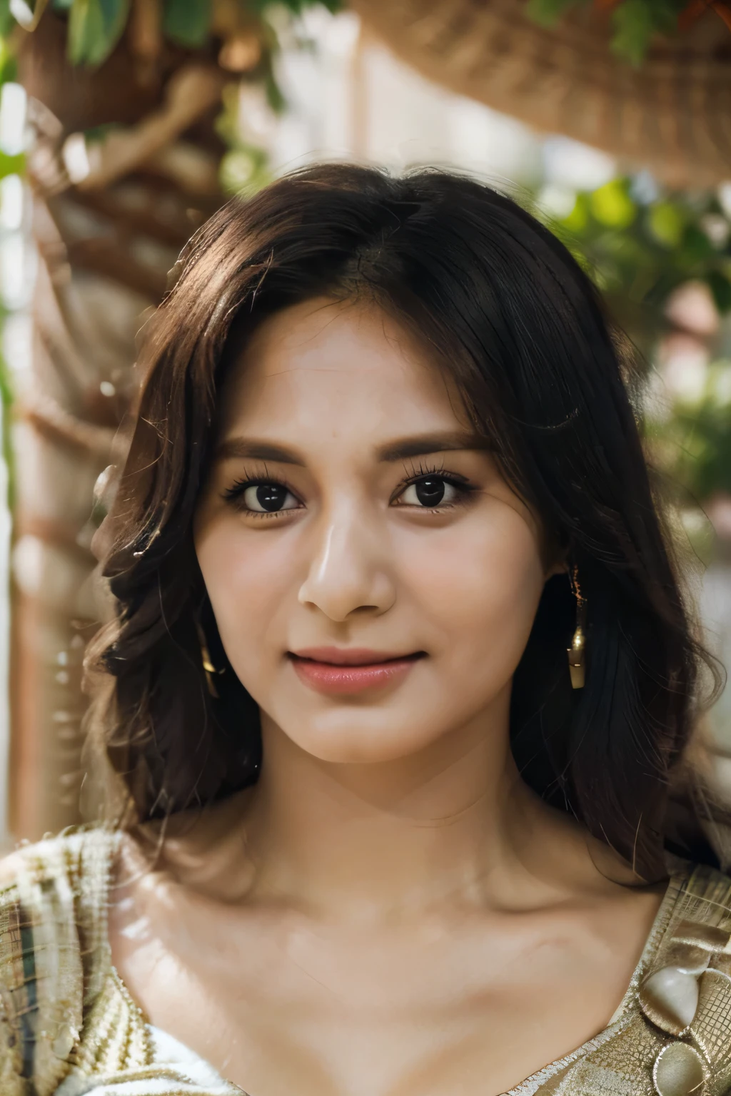 image of a beautiful girl (high quality,4k,8k,highres,masterpiece:1.2),ultra-detailed,(realistic,photorealistic,photo-realistic:1.37), attractive,Iraqi girl,beautiful face,detailed face,Raw photo,16 years old,portrait,vivid colors,professional lighting,highly detailed eyes,smooth skin,long eyelashes,sharp focus,studio lighting,subtle shadows,gentle smile,vibrant background,ethnic clothing, gorgeous hair,expressive eyes,intense gaze,dreamy atmosphere, full fit body view, focused realistic eyes, happy face