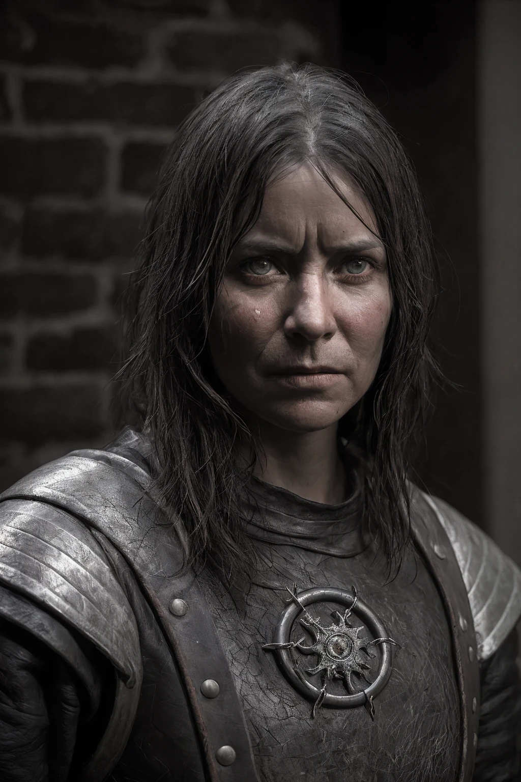 raw, movie shot, (sharp focus:1.5), (lifelike:1.2), 40 year old female, medium portrait (An old viking warrior looking tired but still proud and fierce, Now he is the leader of the village, Wearing exquisite chain and leather armor, There are several torches burning on the wall, Give the scene a dark atmosphere,but shape with sharp contrasts of light and dark), It's night, dark lights, twilight lighting, Volumetric lighting,