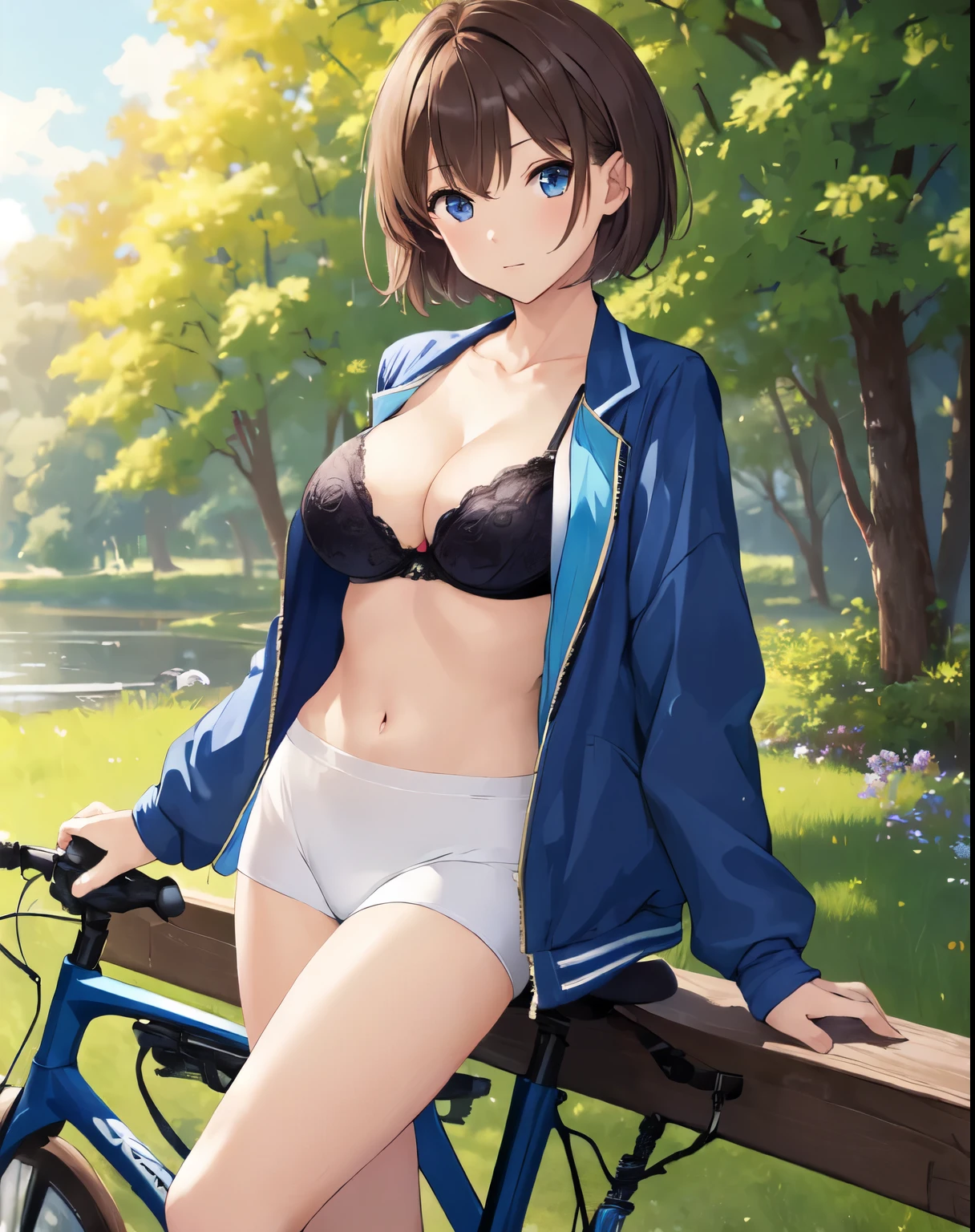 (((masterpiece))), ShizukaMikazuki, 1girl, solo, looking at viewer, short hair, brown hair, long sleeves, cleavage, bigger breasts, closed mouth, collarbone, jacket, open clothes, open jacket, blue jacket, ground vehicle, transparan bra, bicycle,