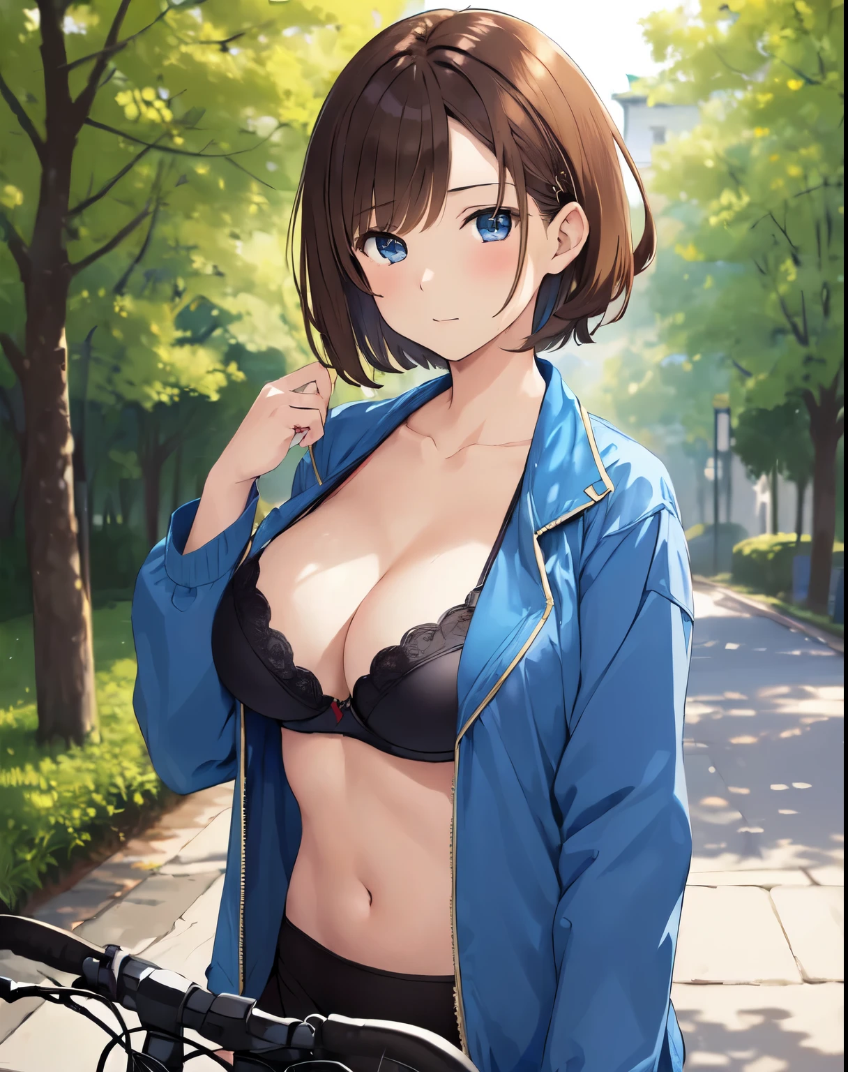 (((masterpiece))), ShizukaMikazuki, 1girl, solo, looking at viewer, short hair, brown hair, long sleeves, cleavage, bigger breasts, closed mouth, collarbone, jacket, open clothes, open jacket, blue jacket, ground vehicle, transparan bra, bicycle,