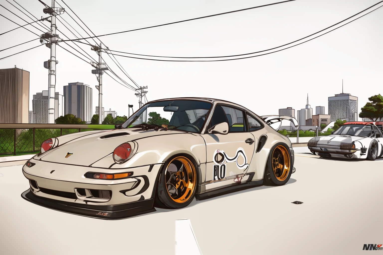 nvinkpunk, painting of a city with a Kodiak brown metallic paint, metallic brown Porsche 911 rwb rotting,wide bodykit, large wheels, high quality,