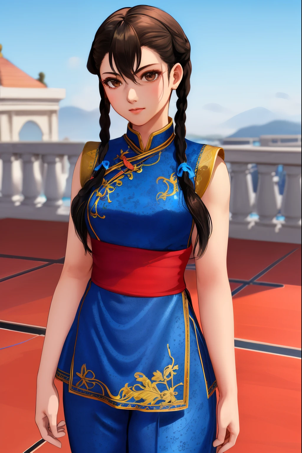 Pai-chan, Twin braids with blue ribbon, brown eyes, double good,black hair,Are standing, alone , Upper body,  combat readiness, 
paiati,blue cheongsam, red obi, pants, No sleeve,
marble floor, blue sky, cloudy, evening,
(Extremely detailed, beautiful and detailed face, masterpiece, highest quality)    