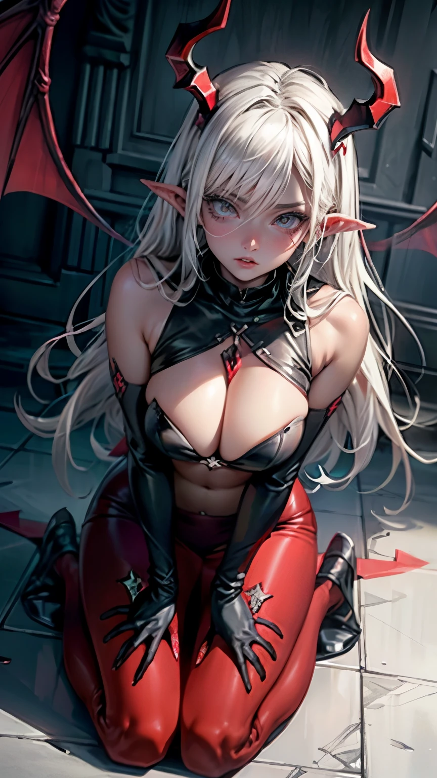 Linda mulher, no-bra , seios grandes, exposta, big , albino, red eyes, devil wings, devil horns, big juicy lips, detailed eyes, kneeling on thr floor, boob squish