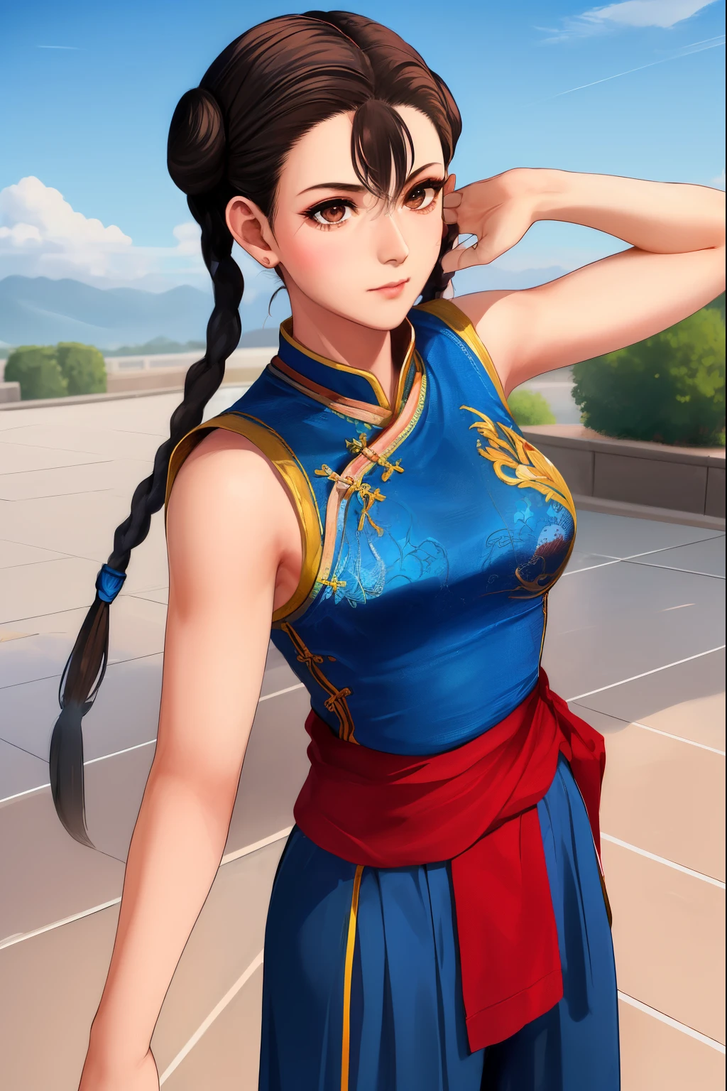 Pai-chan, Twin braids with blue ribbon, brown eyes, double good,black hair,Are standing, alone , Upper body,  combat readiness, 
paiati,blue cheongsam, red obi, pants, No sleeve,
marble floor, blue sky, cloudy, evening,
(Extremely detailed, beautiful and detailed face, masterpiece, highest quality)    