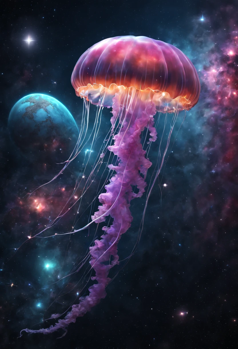 (8k, Best Quality, Masterpiece: 1.2), (Realistic, Photorealistic: 1.37), Super Detailed, A giant colorful jellyfish floating in space. In the background are planets, stars, galaxies, star clouds. Vivid colors, 