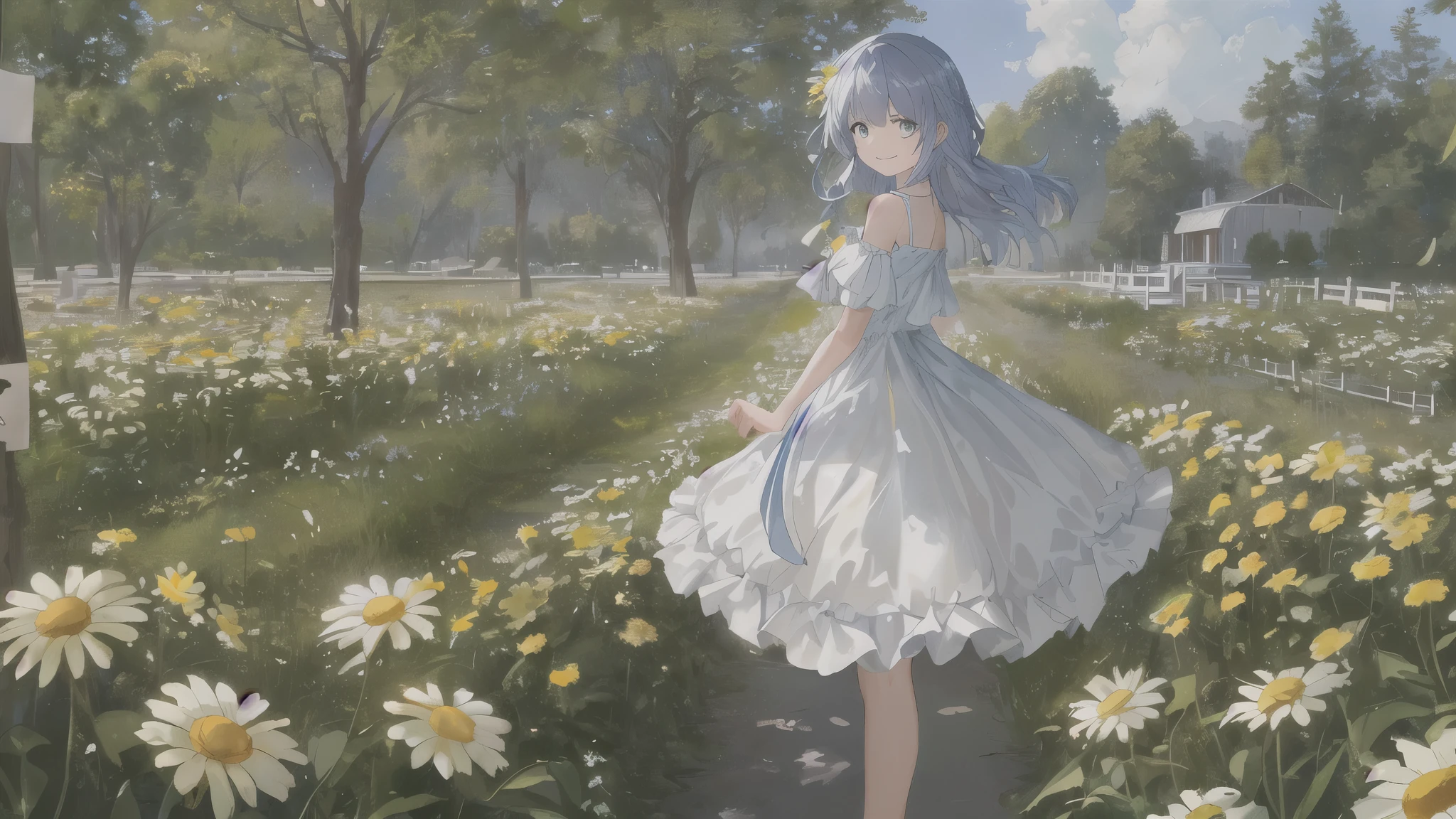 Masterpiece-grade CG, best image quality and detail, photo-level realism (1.4). (1girl), wearing a white dress, slightly exposed shoulders, delicate and shiny skin, smiling, in the garden, surrounded by yellow daisies, slightly raised head to look up at the bright sky, the picture adopts artistic thick painting style, softer luminosity, 4K HD wallpaper, better volumetric cloud effect.