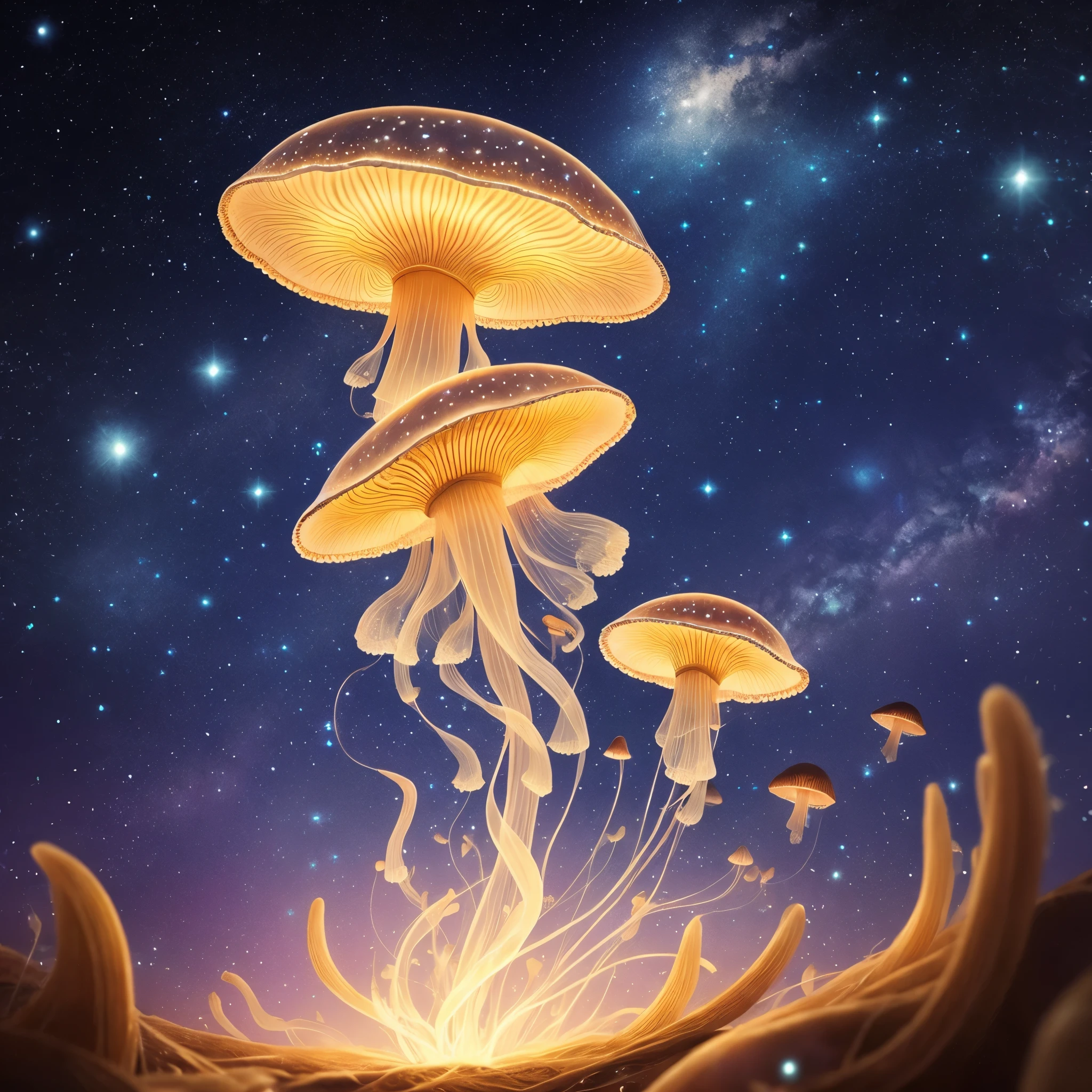 intricate details,photorealism,hyperrealistic,glowing jellyfish mushroom,flying, starry sky,bokeh, divine proportion