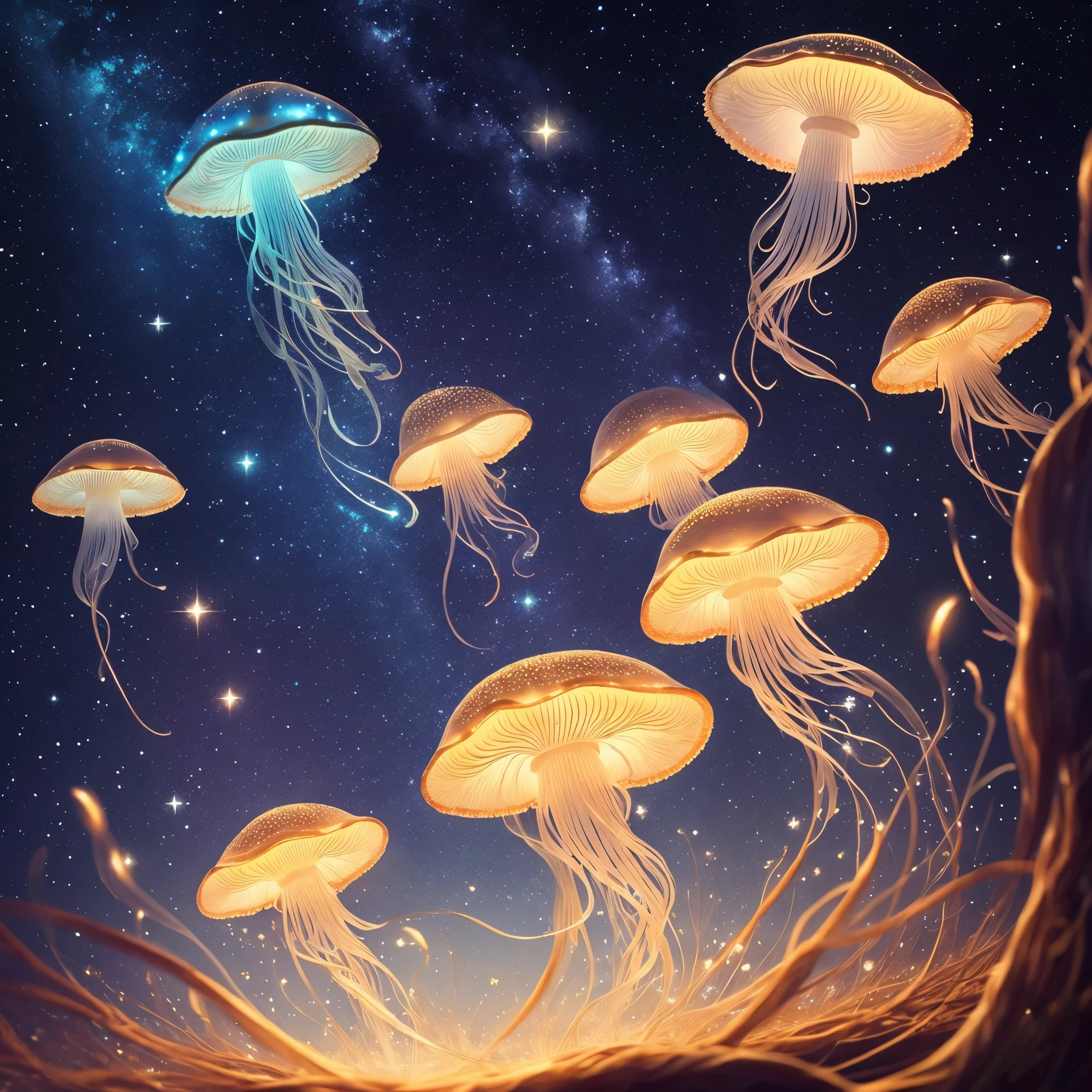 intricate details,photorealism,hyperrealistic,glowing jellyfish mushroom,flying, starry sky,bokeh, divine proportion