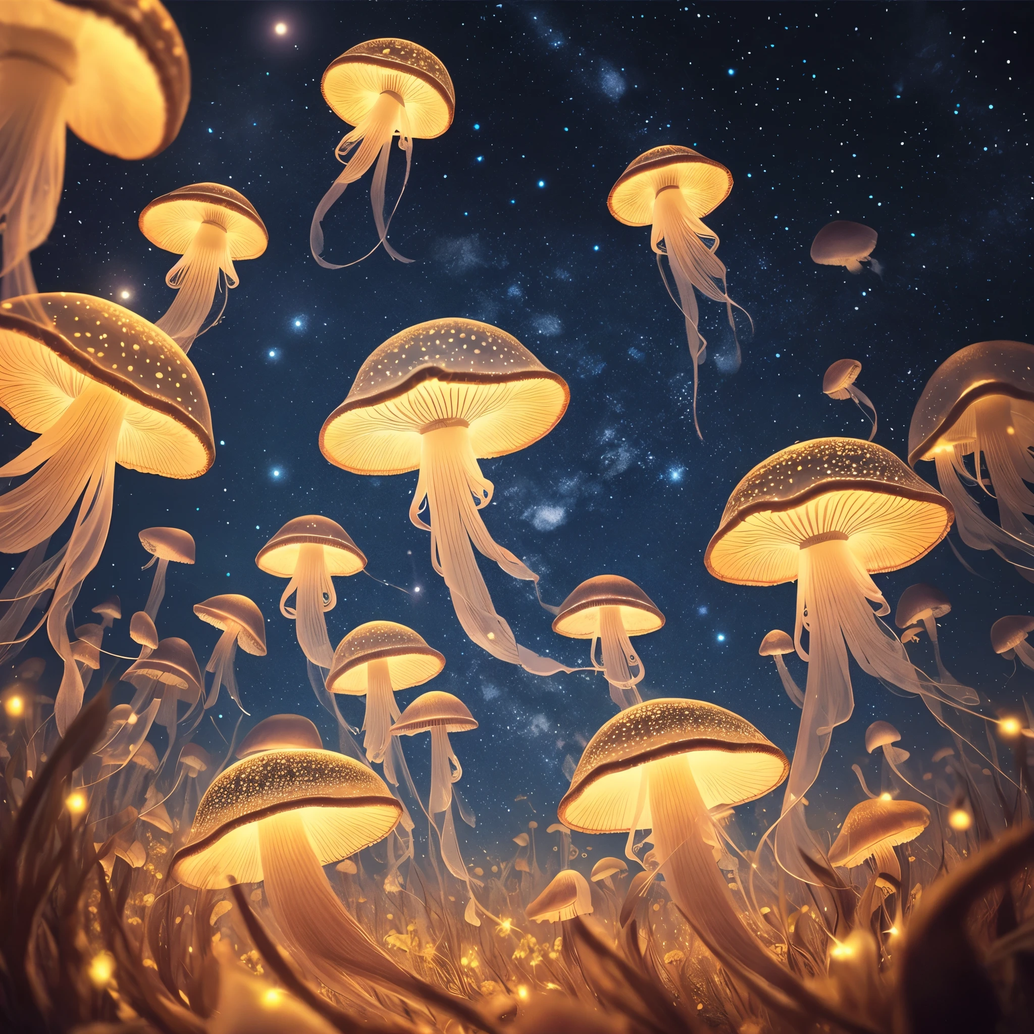 intricate details,photorealism,hyperrealistic,glowing jellyfish mushroom,flying, starry sky,bokeh, divine proportion
