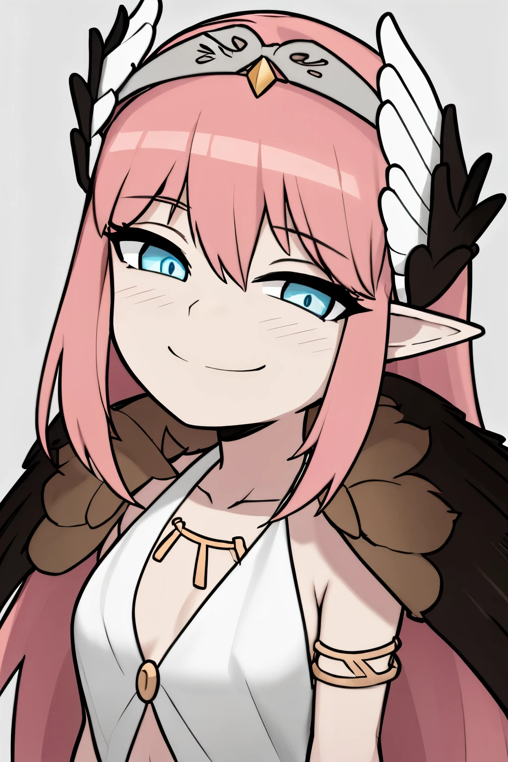 melhor qualidade, obra de arte, high resolution, Sozinho, {circe_fgo:1.15}, pontudo_ouvidos, Rosa_cabelo, head_asas, asas, franja, fenohered_asas, longo_cabelo, joia, sorriso, seios, colar, corar, pequeno_seios, multicolorido_olhos, 1 garota, pulseira, olhando_no_visualizador, azul_olhos, branco_fundo, tiara
