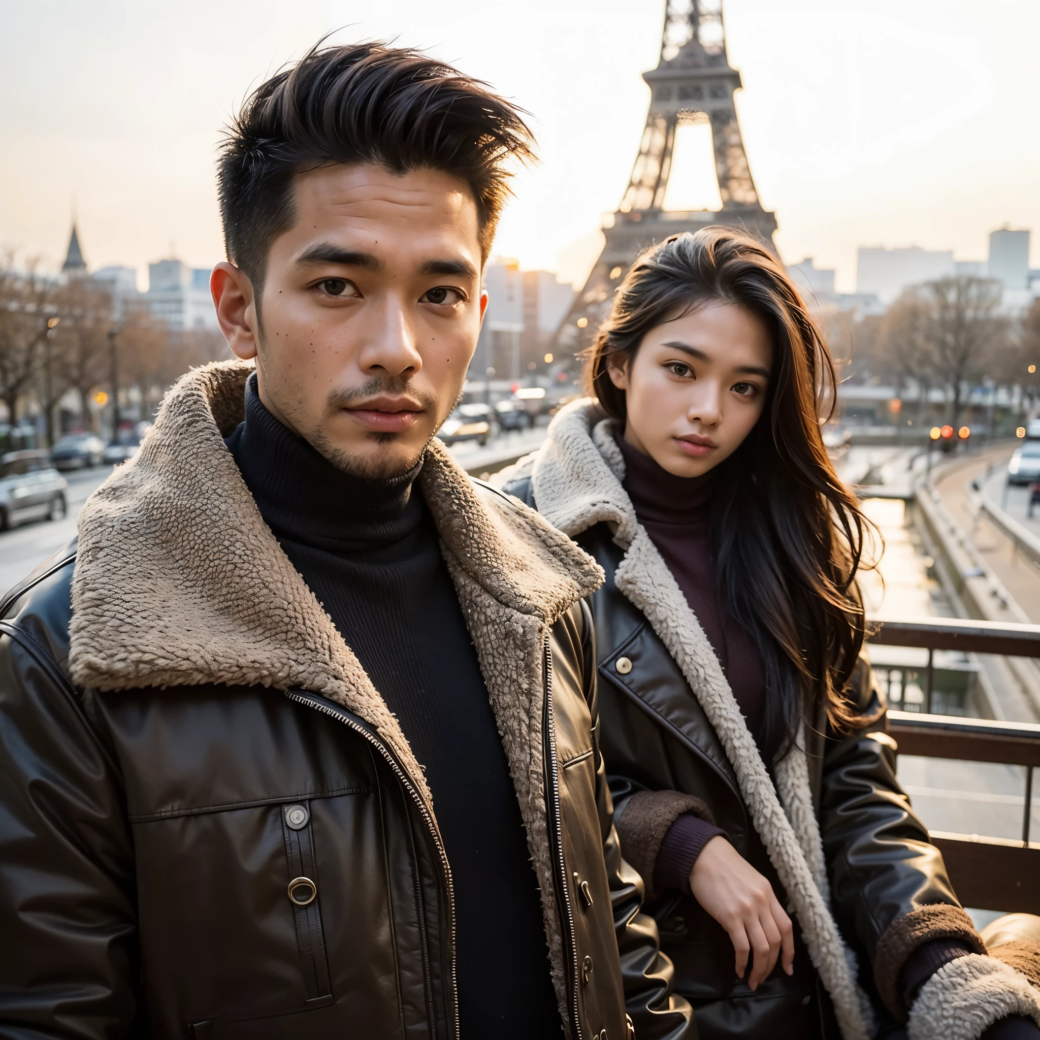 Indonesian man (33 years old, handsome, clean face without mustache and beard, undercut hair, sturdy body, brown skin, wearing a thick winter jacket, slim fit black jeans) standing posing like a model on the Eiffel Tower in Paris, complete with his body and a photo visible face, photo with his 27 year old girlfriend, beautiful face, long hair, wearing a thick winter jacket, bright atmosphere, snowing, sunset light. ultra HD, true photo, high detail, ultra sharp, Leica camera 