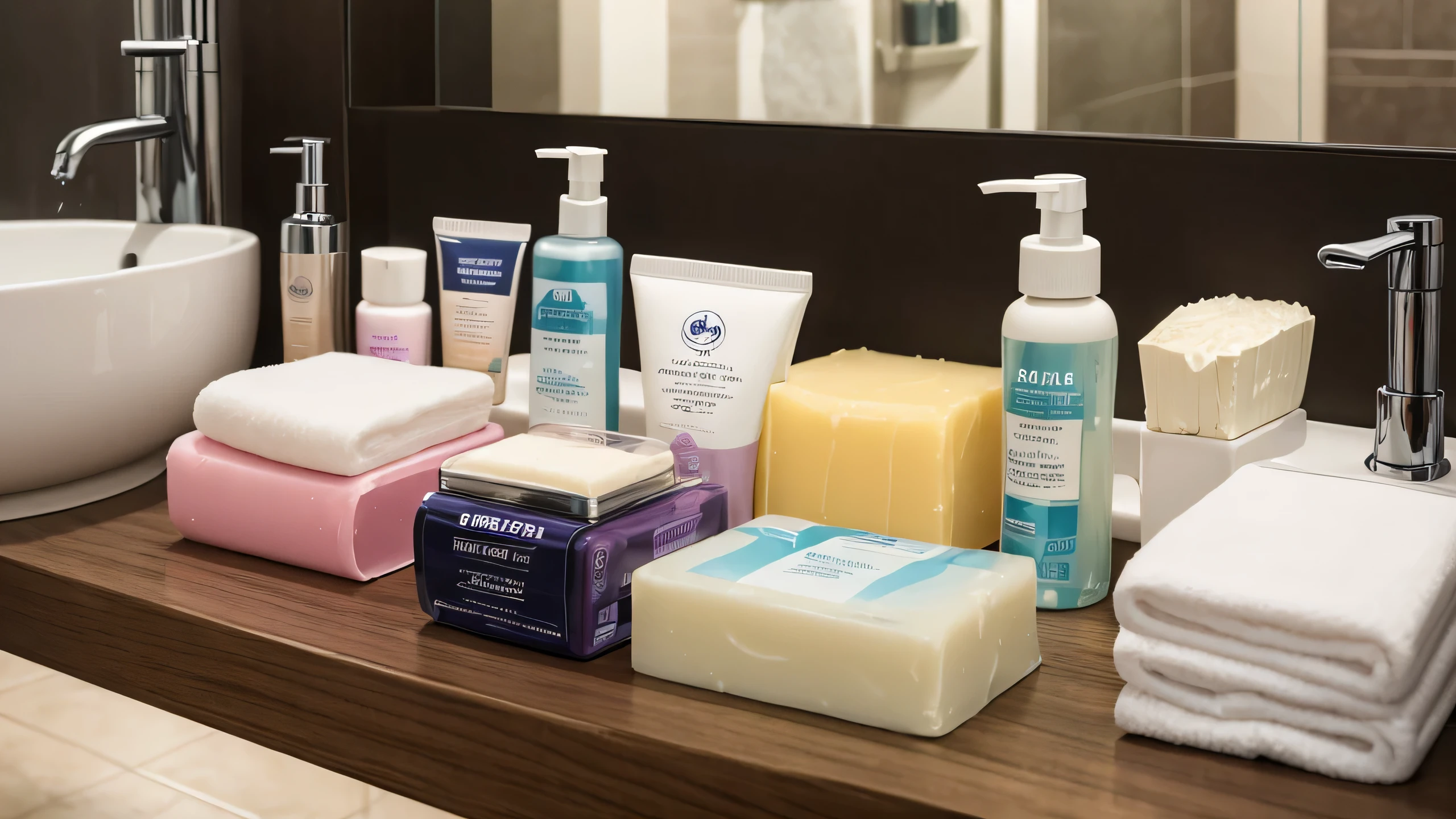 shower gels,Hand cream,soap,personal hygiene,hairspray,hair foam,body cream,on the table,toilet in the background,Best quality