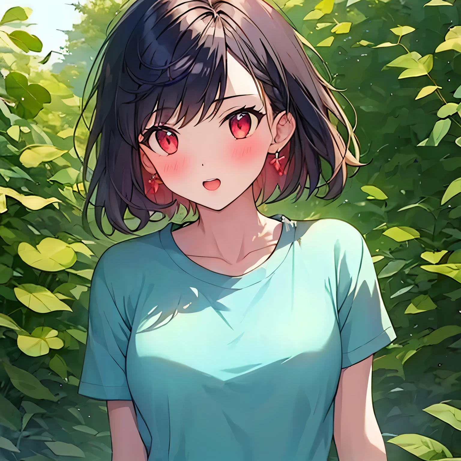 (masterpiece, best quality:1.2), lover,1girl,short hair,bangs,red eyes,shirt, solo,lightblue theme,upper body
