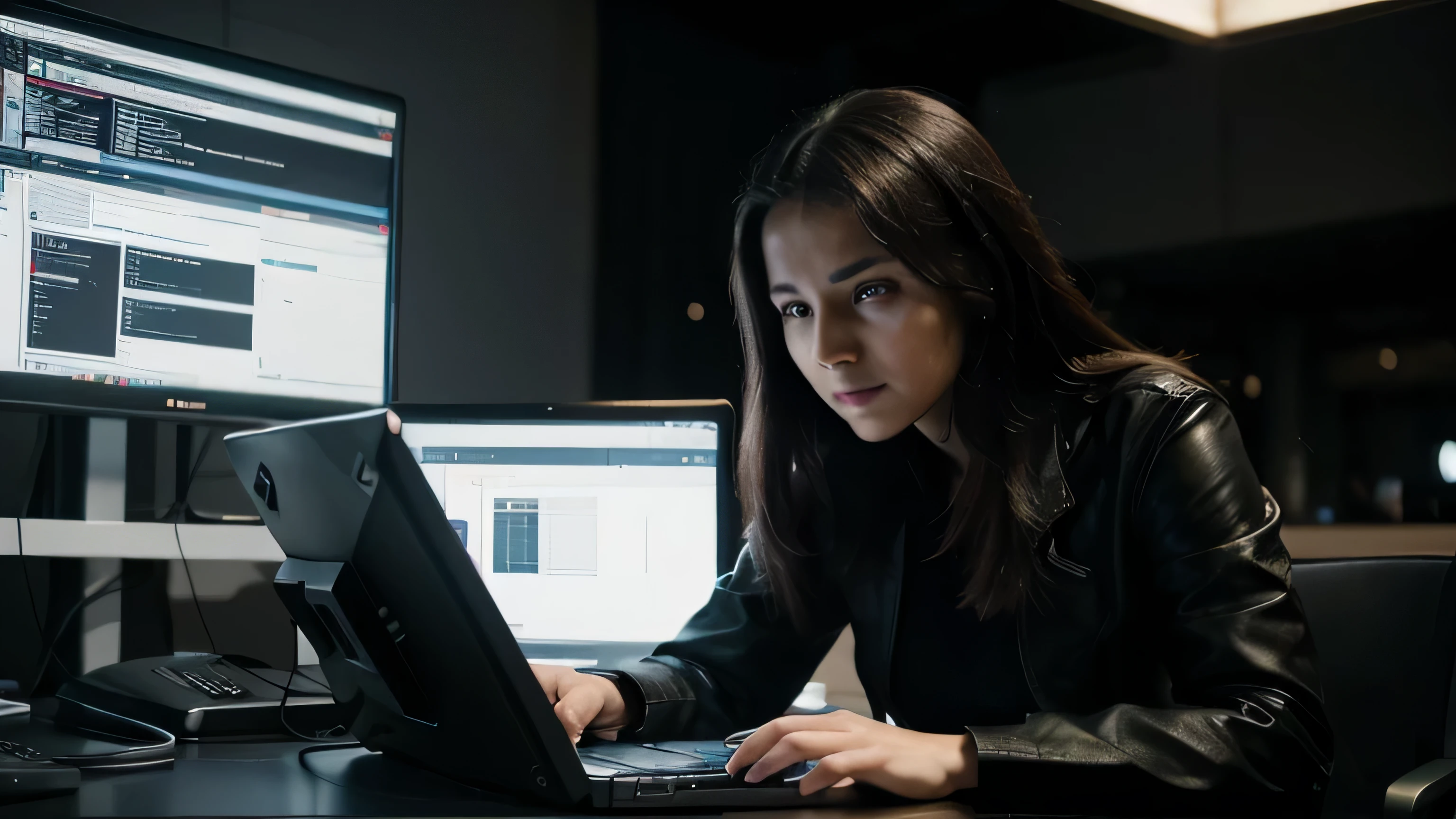 programming, 8k, hd, realistic, making dangerous software, cracking the softwares, a very beautiful girl is in the picture, hacking with computer, she is very dedicated to her work, she is continuously seeing in the computer