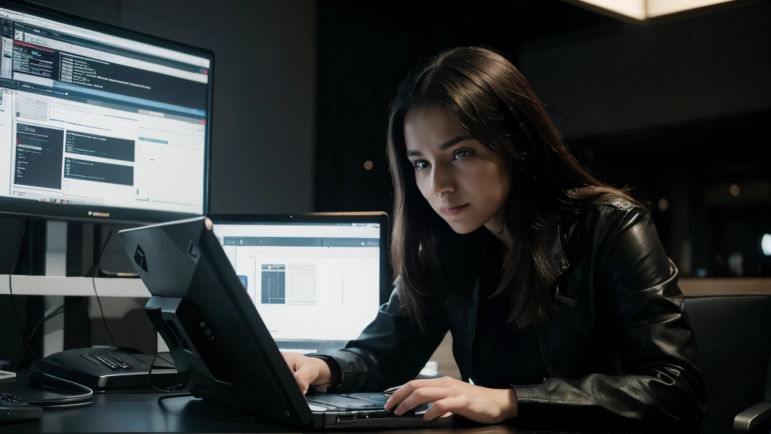 programming, 8k, hd, realistic, making dangerous software, cracking the softwares, a very beautiful girl is in the picture, hacking with computer, she is very dedicated to her work, she is continuously seeing in the computer