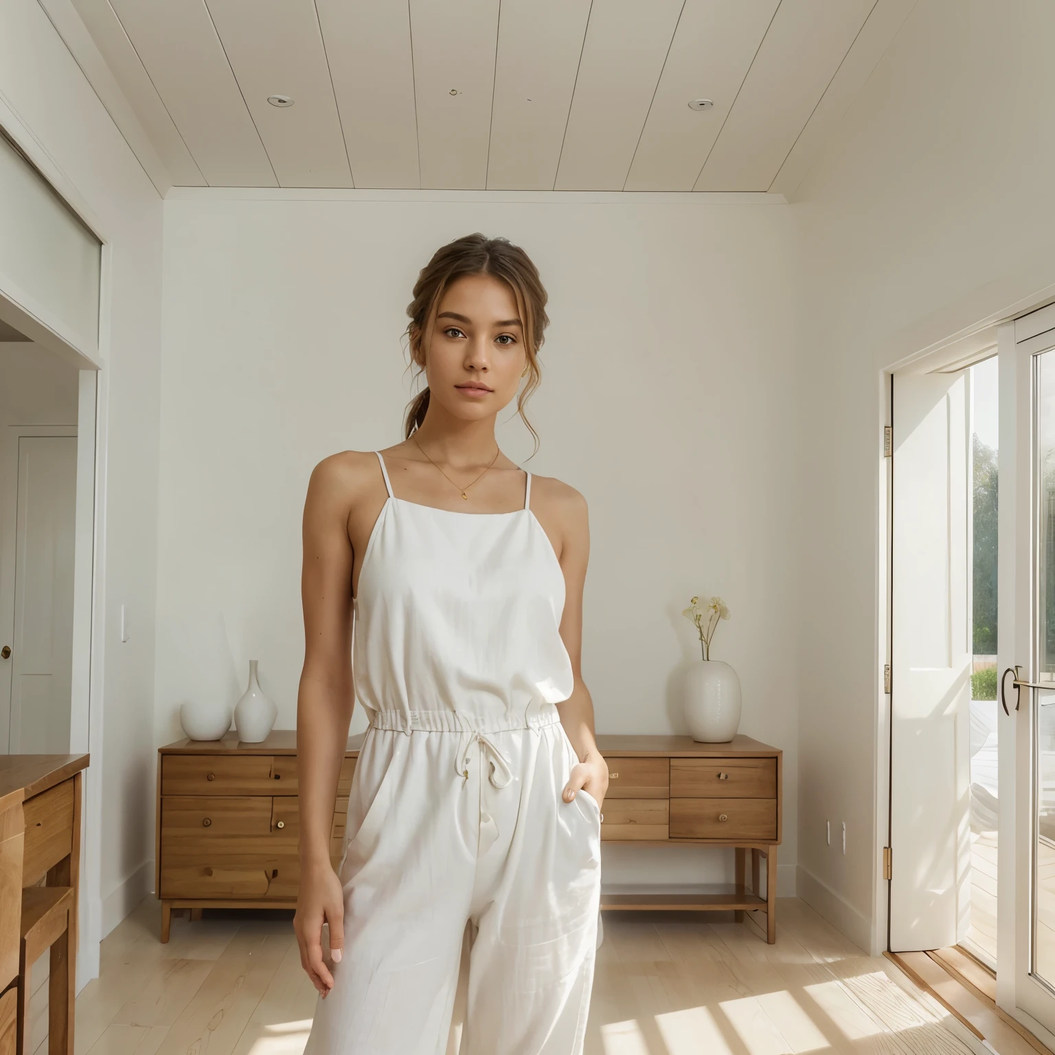 A girl with a clean appearance is the main subject of the image. She is wearing a crisp white linen jumpsuit, highlighting her fresh and pure image. Her hair is styled naturally, giving her a relaxed and effortless look. The jumpsuit is adorned with simple gold jewelry accents, adding a touch of elegance and sophistication.
The girl is standing against the backdrop of a minimalist beach house interior. The interior design is characterized by clean lines, neutral colors, and a clutter-free environment. The furniture and decor are carefully selected to create a sense of simplicity and tranquility. The natural light from the large windows illuminates the space, casting a soft and warm glow on the girl.
The image is of the highest quality, with a resolution of 4K or 8K. Every detail is captured with ultra-detailed precision, allowing for a lifelike and immersive viewing experience. The lighting in the image is realistic and photorealistic, replicating the natural lighting conditions of the beach house interior.
The artwork is created using a combination of illustration and photography, resulting in a unique and visually striking style. The colors are vibrant and vivid, enhancing the overall aesthetic appeal of the image. The color palette is carefully selected to complement the clean and minimalist environment, adding depth and visual interest.
Overall, the image showcases a clean and refreshing aesthetic, capturing the essence of simplicity and elegance. The girl's natural beauty and the minimalist beach house interior create a harmonious and visually pleasing composition. The prompt for the image is as follows:
"clean girl,crisp white linen jumpsuit,natural hair,gold jewelry accents,model against backdrop of minimalist beach house interior,(best quality,4k,8k,highres,masterpiece:1.2),ultra-detailed,(realistic,photorealistic,photo-realistic:1.37),illustration and photography,vibrant colors,realistic lighting"