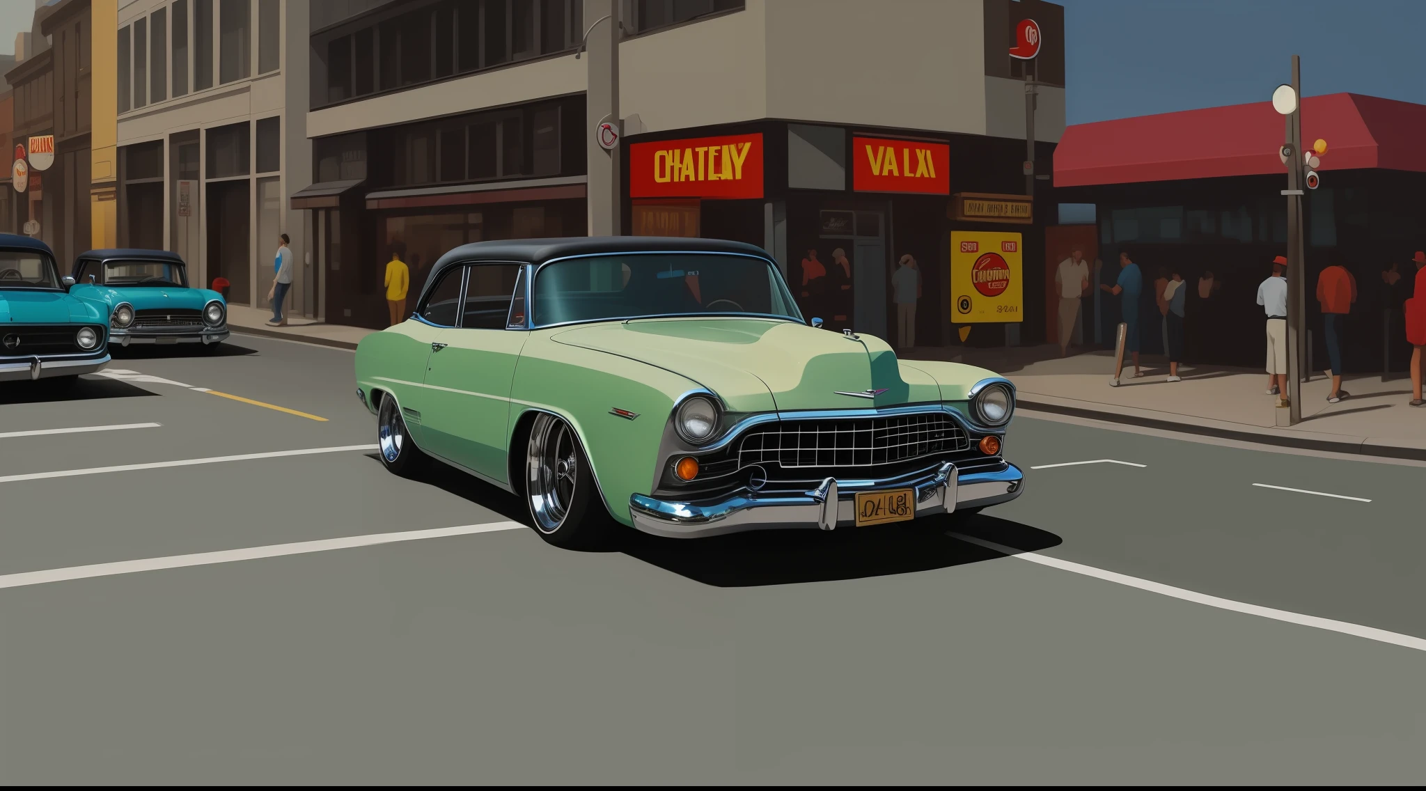 painting of a classic car driving down a street in a city, in style of digital painting, #1 digital painting of all time, # 1 digital painting of all time, in sty car, drawn with photoshop, lowrider style, vintage car, vintage cars, style digital painting, in retro colors