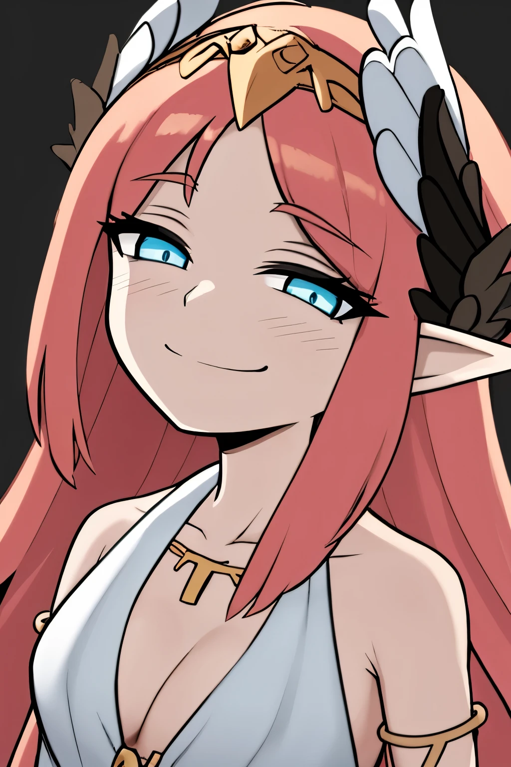 melhor qualidade, obra de arte, high resolution, Sozinho, {circe_fgo:1.15}, pontudo_ouvidos, Rosa_cabelo, head_asas, asas, franja, fenohered_asas, longo_cabelo, joia, sorriso, seios, colar, corar, pequeno_seios, multicolorido_olhos, 1 garota, pulseira, olhando_no_visualizador, azul_olhos, branco_fundo, tiara