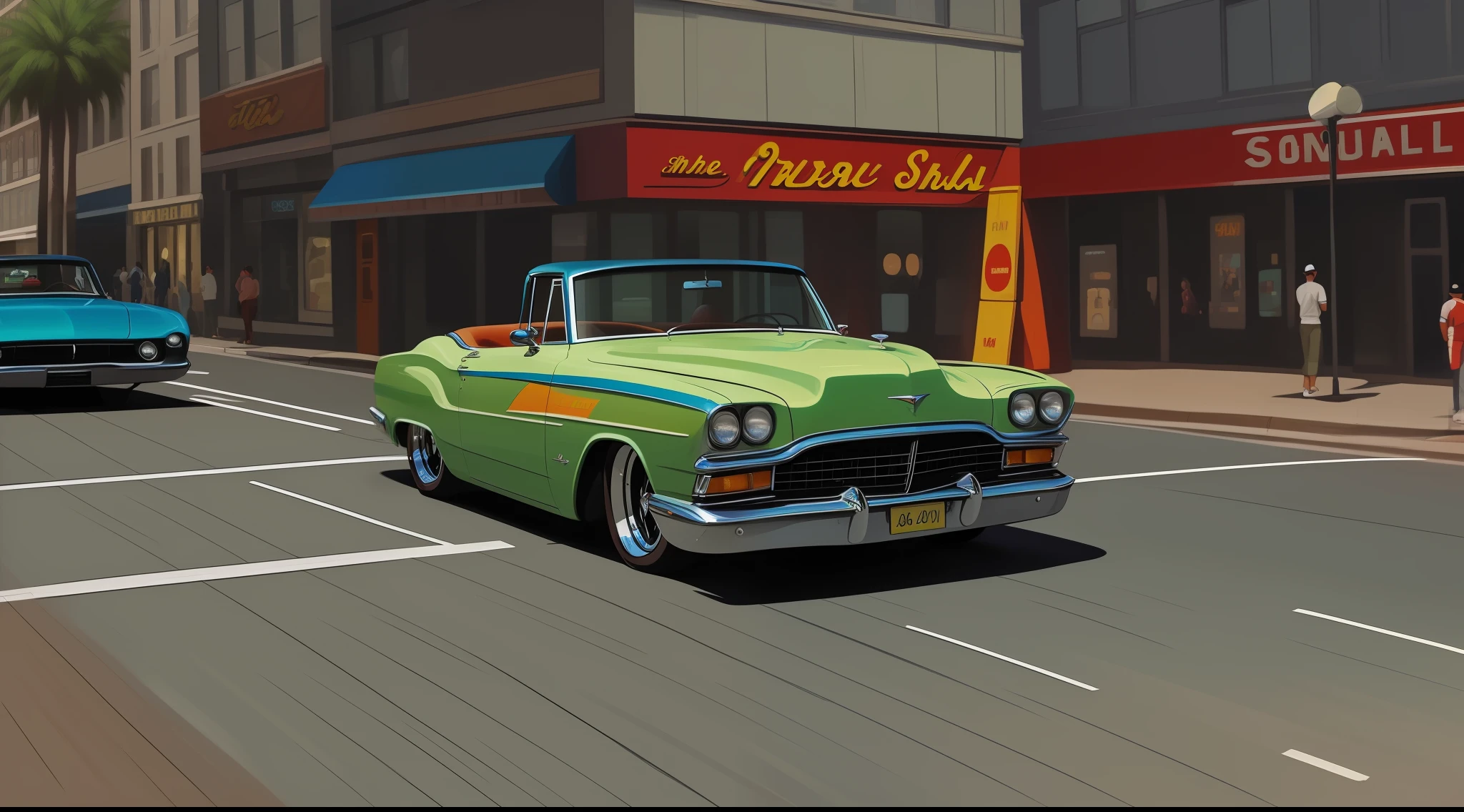 painting of a classic car driving down a street in a city, in style of digital painting, #1 digital painting of all time, # 1 digital painting of all time, in sty car, drawn with photoshop, lowrider style, vintage car, vintage cars, style digital painting, in retro colors