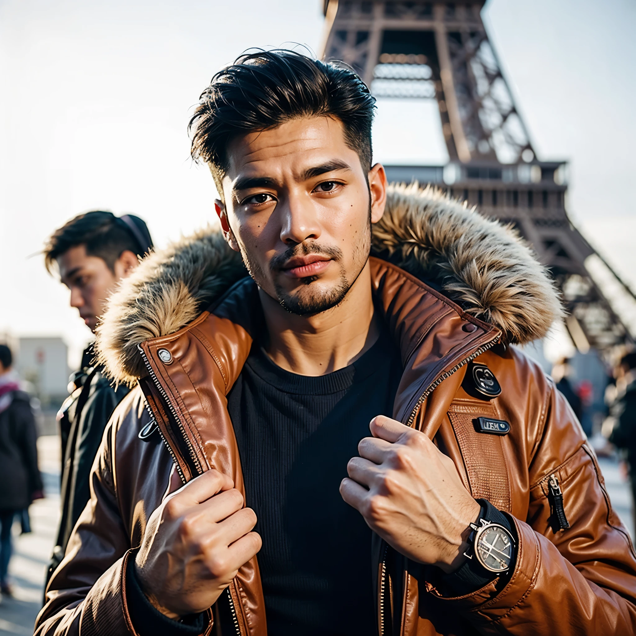 Indonesian man (33 years old, handsome, clean face without mustache and beard, undercut hair, sturdy body, brown skin, wearing a thick winter jacket, slim fit black jeans) standing posing like a model on the Eiffel Tower in Paris, complete with his body and a photo visible face, photo with his 27 year old girlfriend, beautiful face, long hair, wearing a thick winter jacket, bright atmosphere, snowing, sunset light. ultra HD, true photo, high detail, ultra sharp, Leica camera 