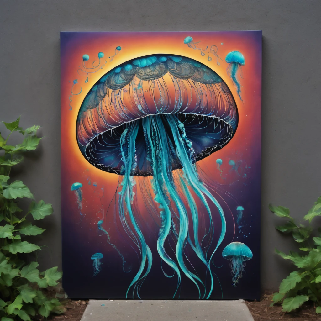 (masterpiece, best quality), magical Jellyfish, zentangle, Graffiti on street wall, signed by word "TUPU",