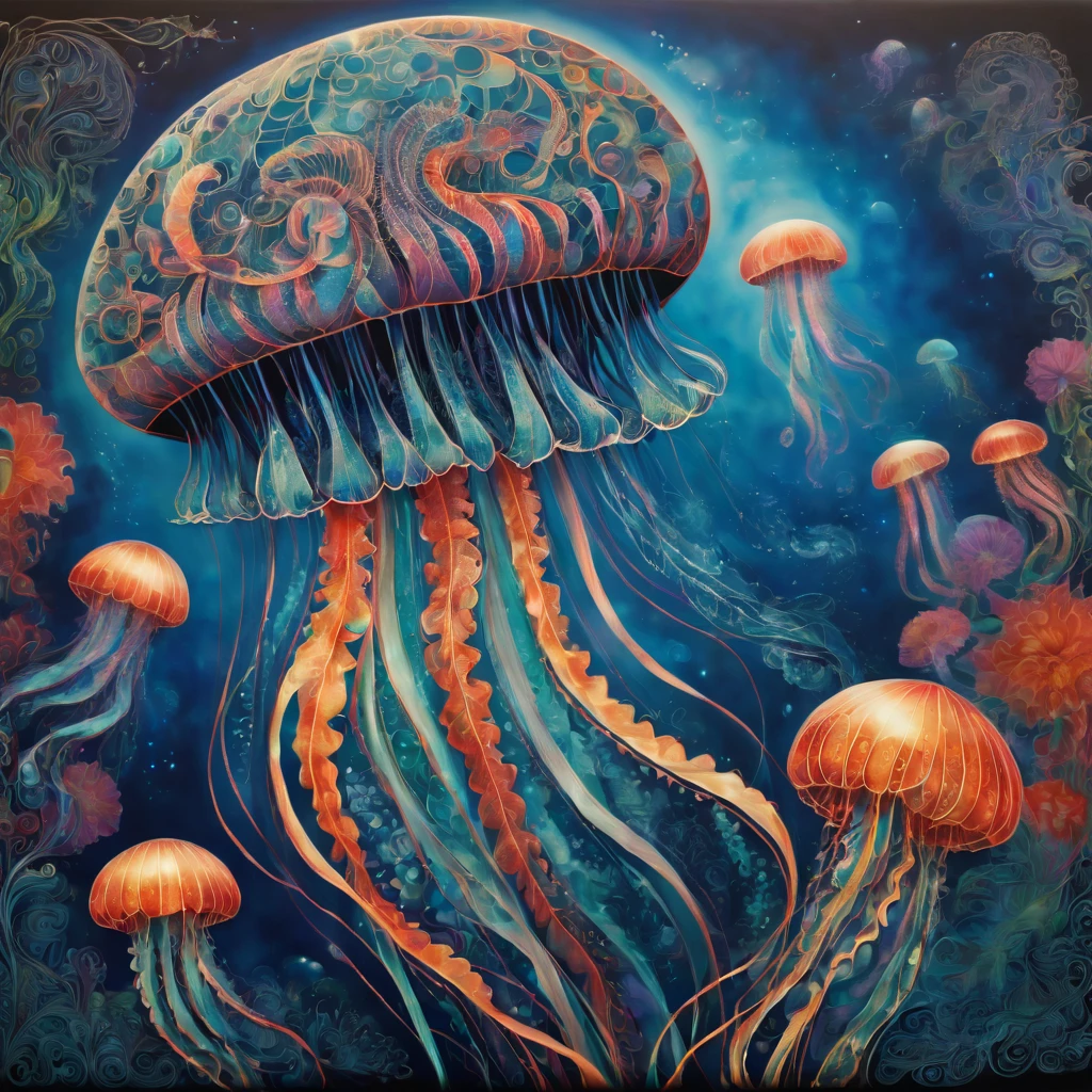 (masterpiece, best quality), magical Jellyfish, zentangle, Graffiti on street wall, signed by word "TUPU",