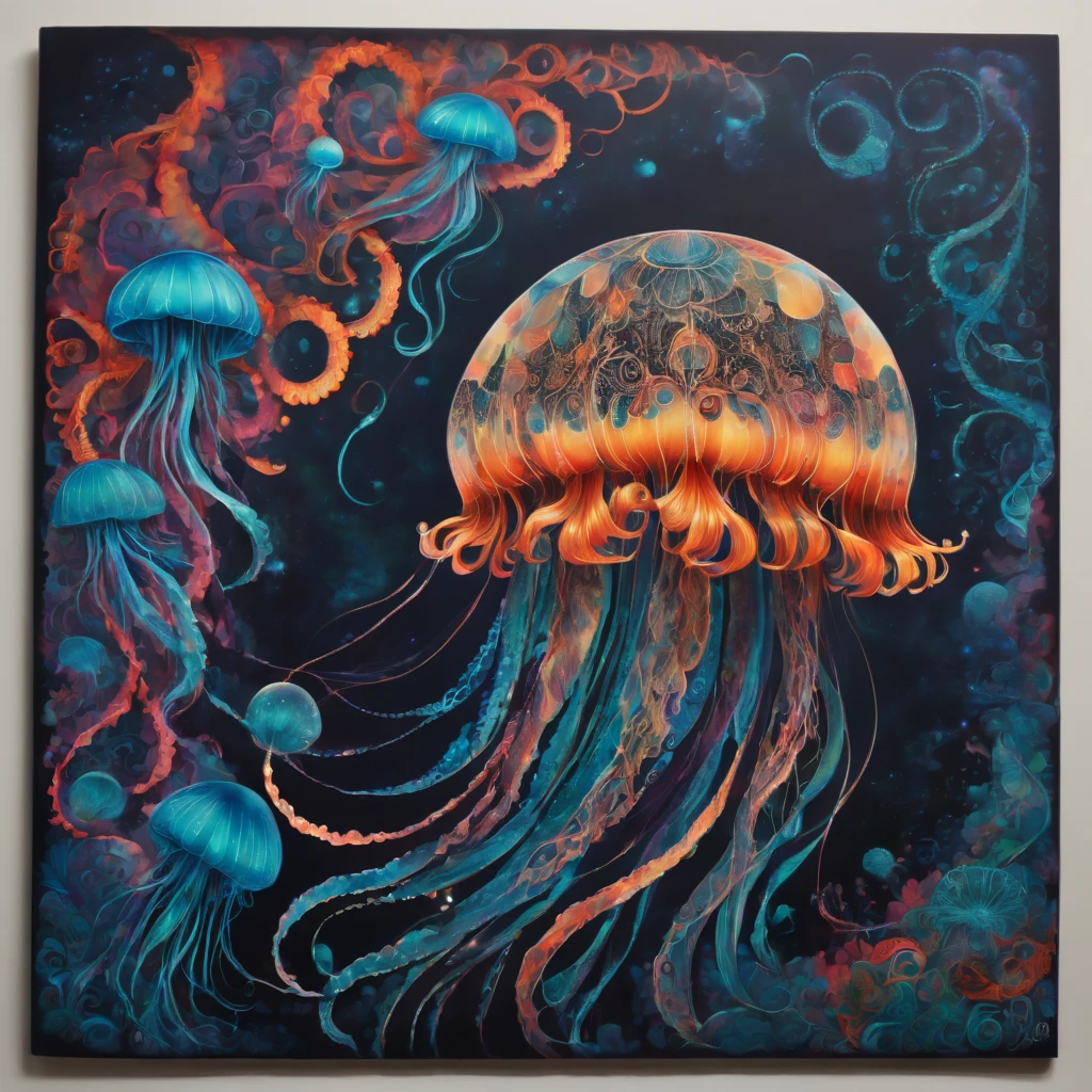 (masterpiece, best quality), magical Jellyfish, zentangle, Graffiti on street wall, signed by word "TUPU",