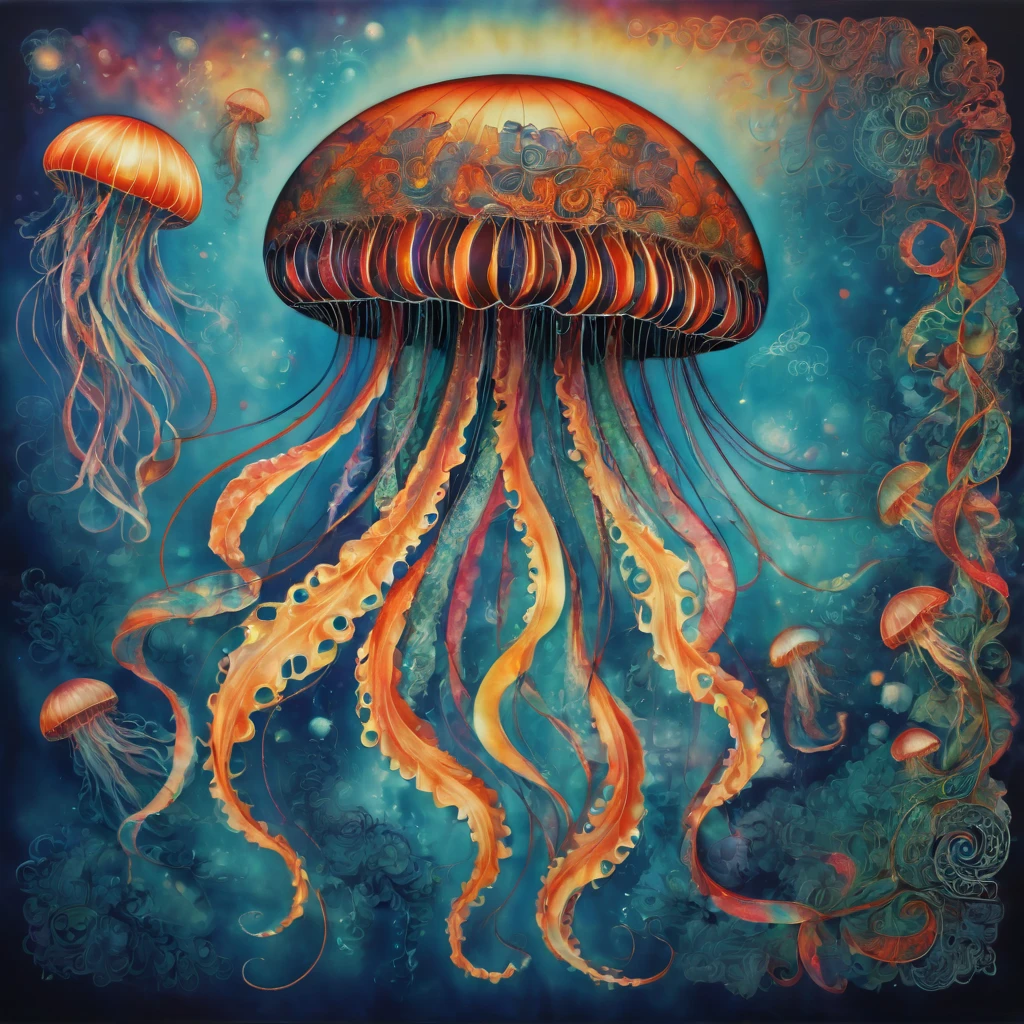 (masterpiece, best quality), magical Jellyfish, zentangle, Graffiti on street wall, signed by word "TUPU",
