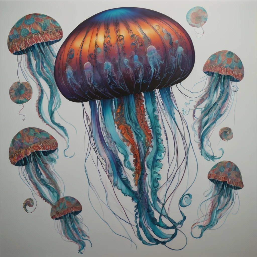 (masterpiece, best quality), magical Jellyfish, zentangle, Graffiti on street wall, signed by word "TUPU",
