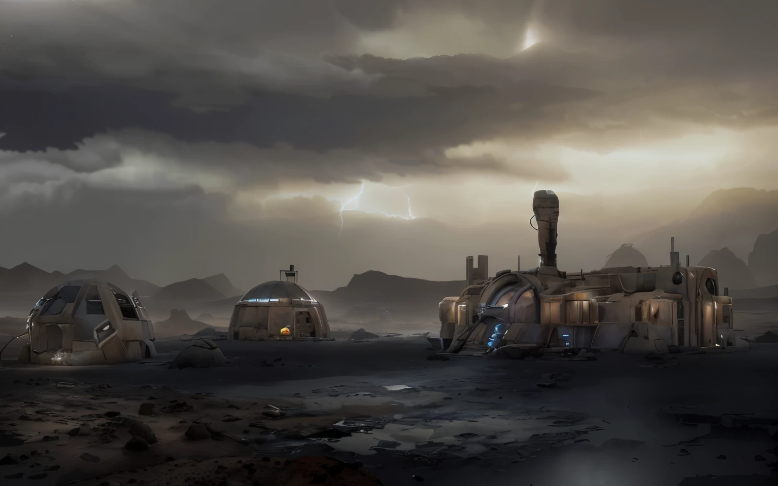 abandoned old outpost on another planet in a distant galaxy, gloomy, desert, rocks, lightning in the sky, dome buildings and oblong pencil cases, style concept art