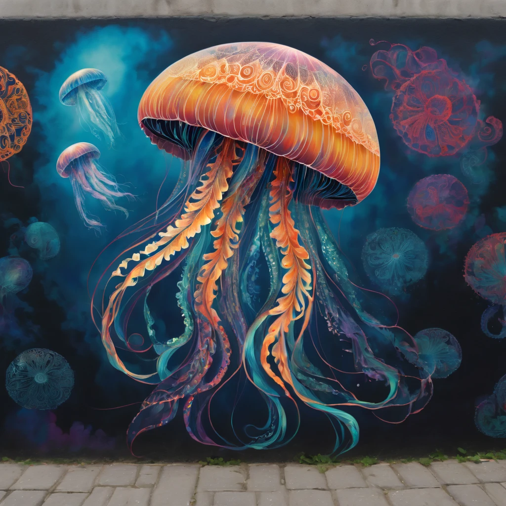 (masterpiece, best quality), magical Jellyfish, zentangle, Graffiti on street wall, signed by word "TUPU",