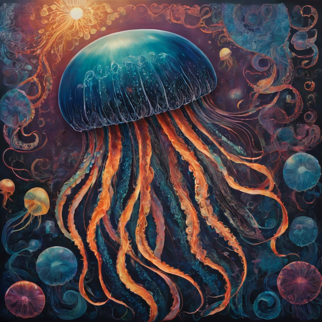 (masterpiece, best quality), magical Jellyfish, zentangle, Graffiti on street wall, signed by word "TUPU",